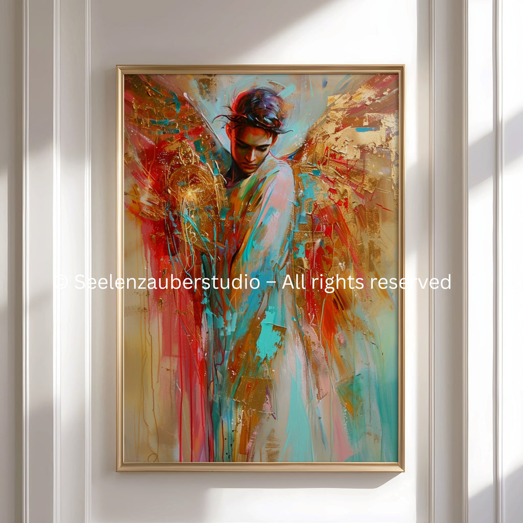 Männlicher Engel Poster, Schutzengel Wandbild, Abstrakte Kunst mit Goldflügeln, Spiritueller Kunstdruck, Boho Wanddeko, Geschenk für Männer