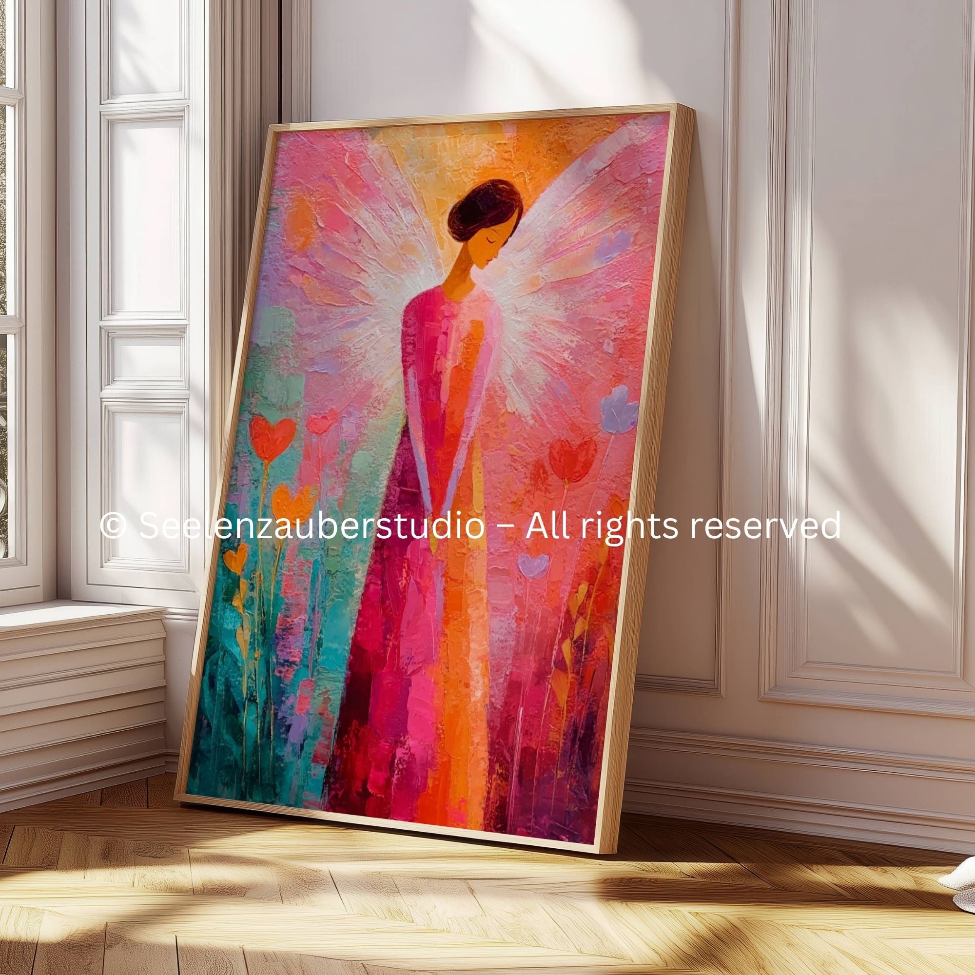 Poster-Engel Poster Wandbild, Modernes Engelsbild mit Herz, Abstrakte Kunst in Pink Orange Türkis, Spirituelle Wanddekoration, Wohnzimmer Deko
