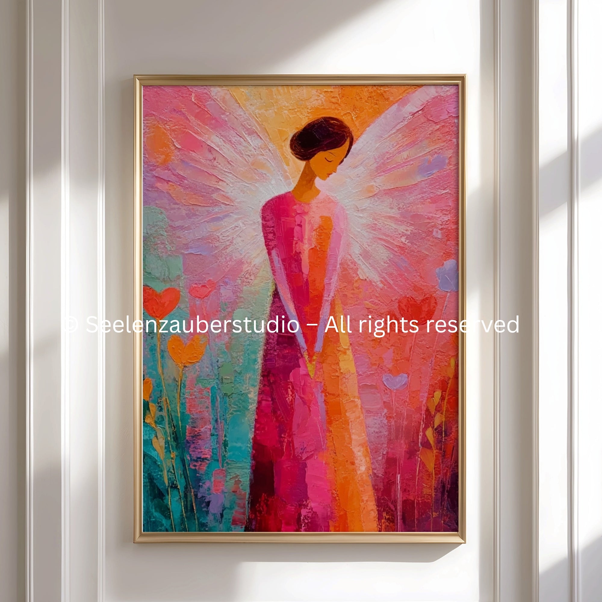 Poster-Engel Poster Wandbild, Modernes Engelsbild mit Herz, Abstrakte Kunst in Pink Orange Türkis, Spirituelle Wanddekoration, Wohnzimmer Deko