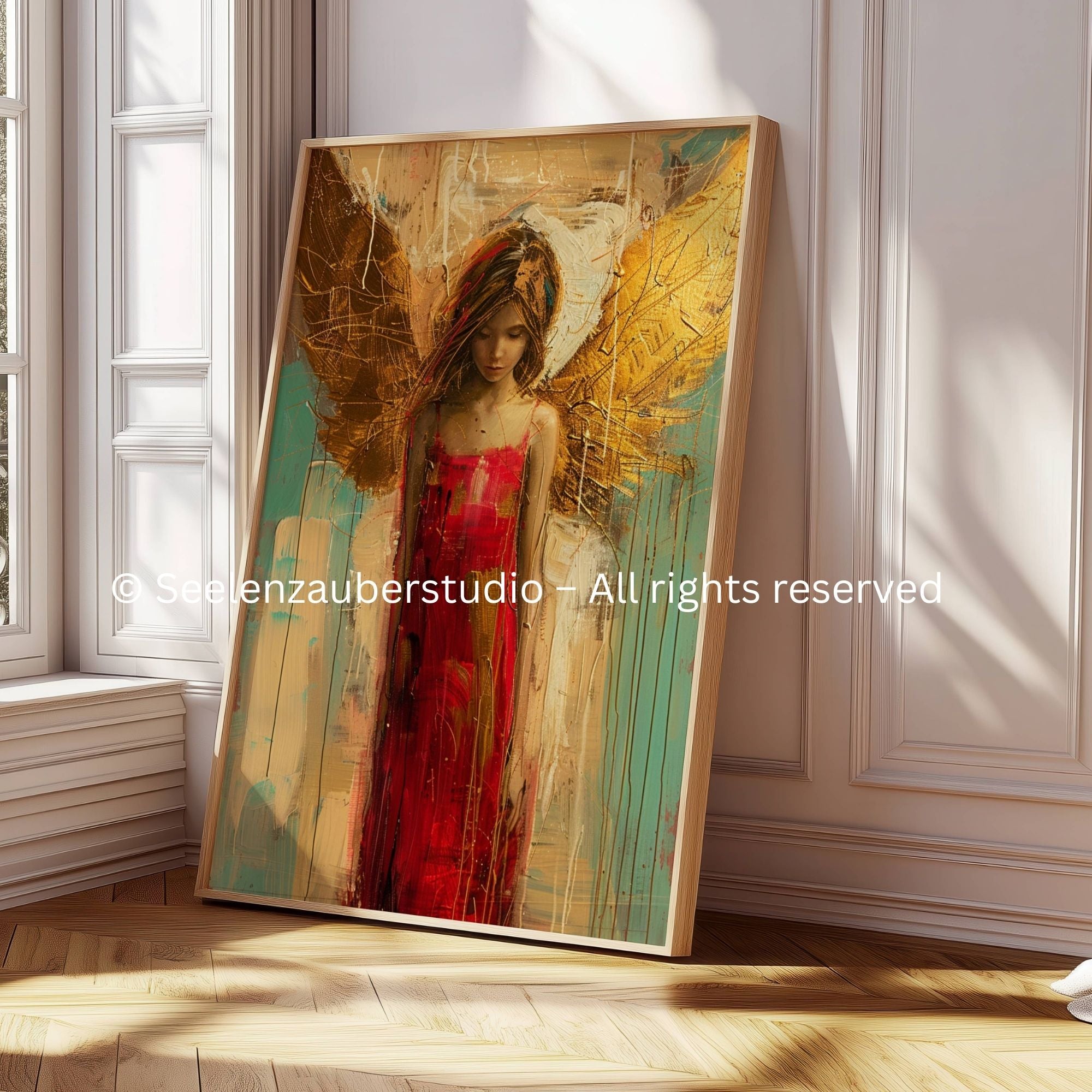 Angel Art Poster – Spiritual Wall Art in Red &amp; Gold | Abstract Angel Image Full of Energy &amp; Protection