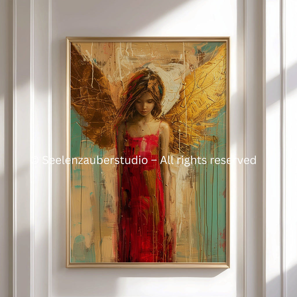 Angel Art Poster – Spiritual Wall Art in Red &amp; Gold | Abstract Angel Image Full of Energy &amp; Protection