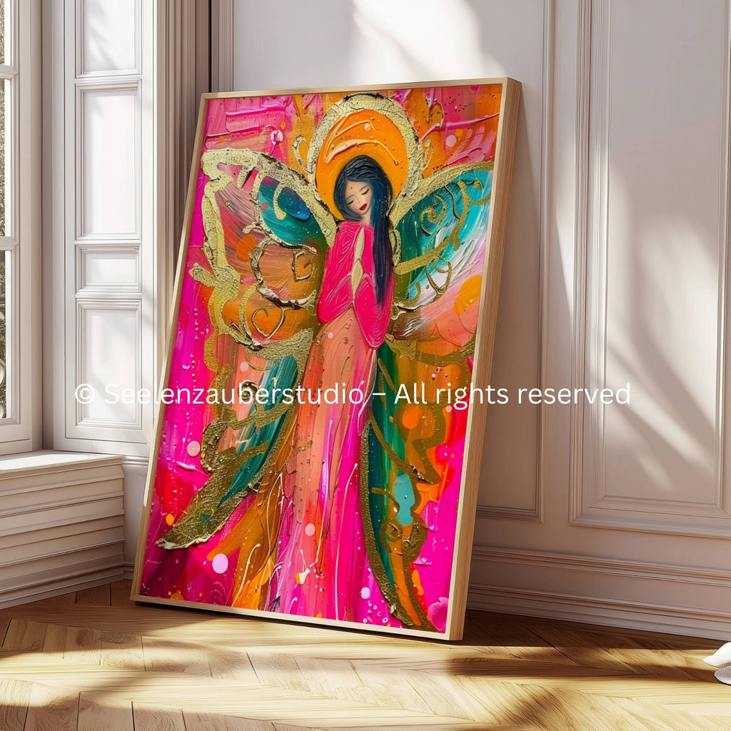 Angel Wings Poster – Abstrakte Engelkunst in Pink, Gold & Türkis | Moderner Kunstdruck mit Engelsflügeln | Spirituelles Wandbild