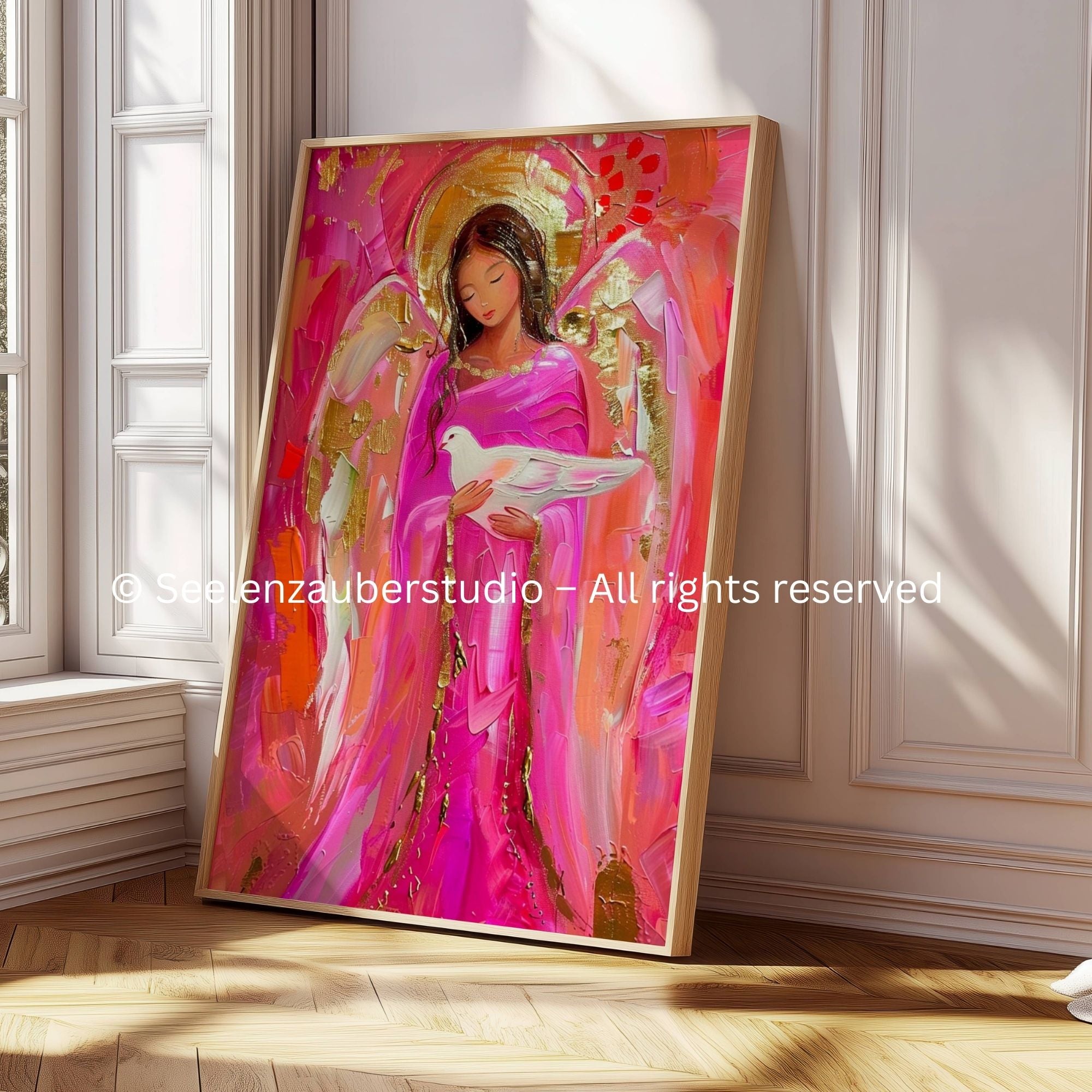 Schutzengel Poster mit Taube – Spirituelles Engelbild in Rosé & Gold – Modernes Engel Kunstposter