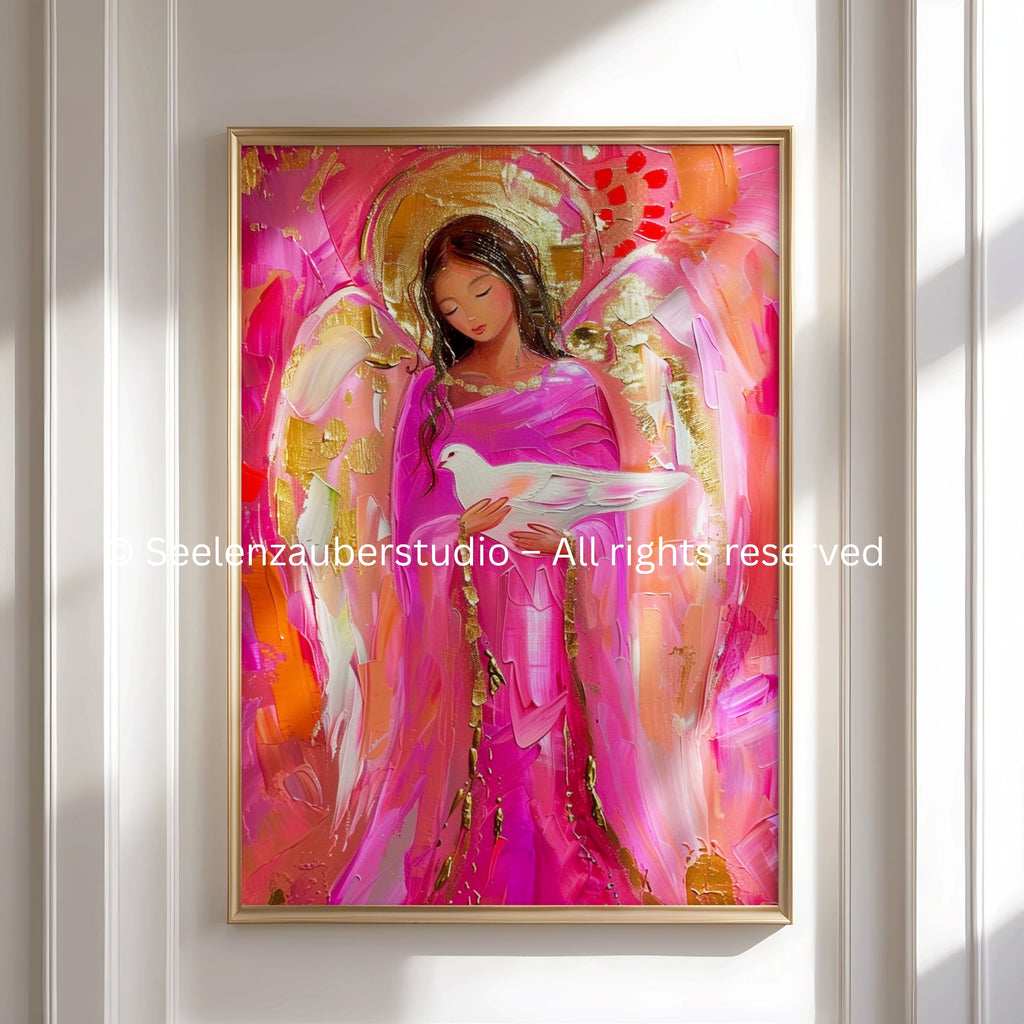 Schutzengel Poster mit Taube – Spirituelles Engelbild in Rosé & Gold – Modernes Engel Kunstposter
