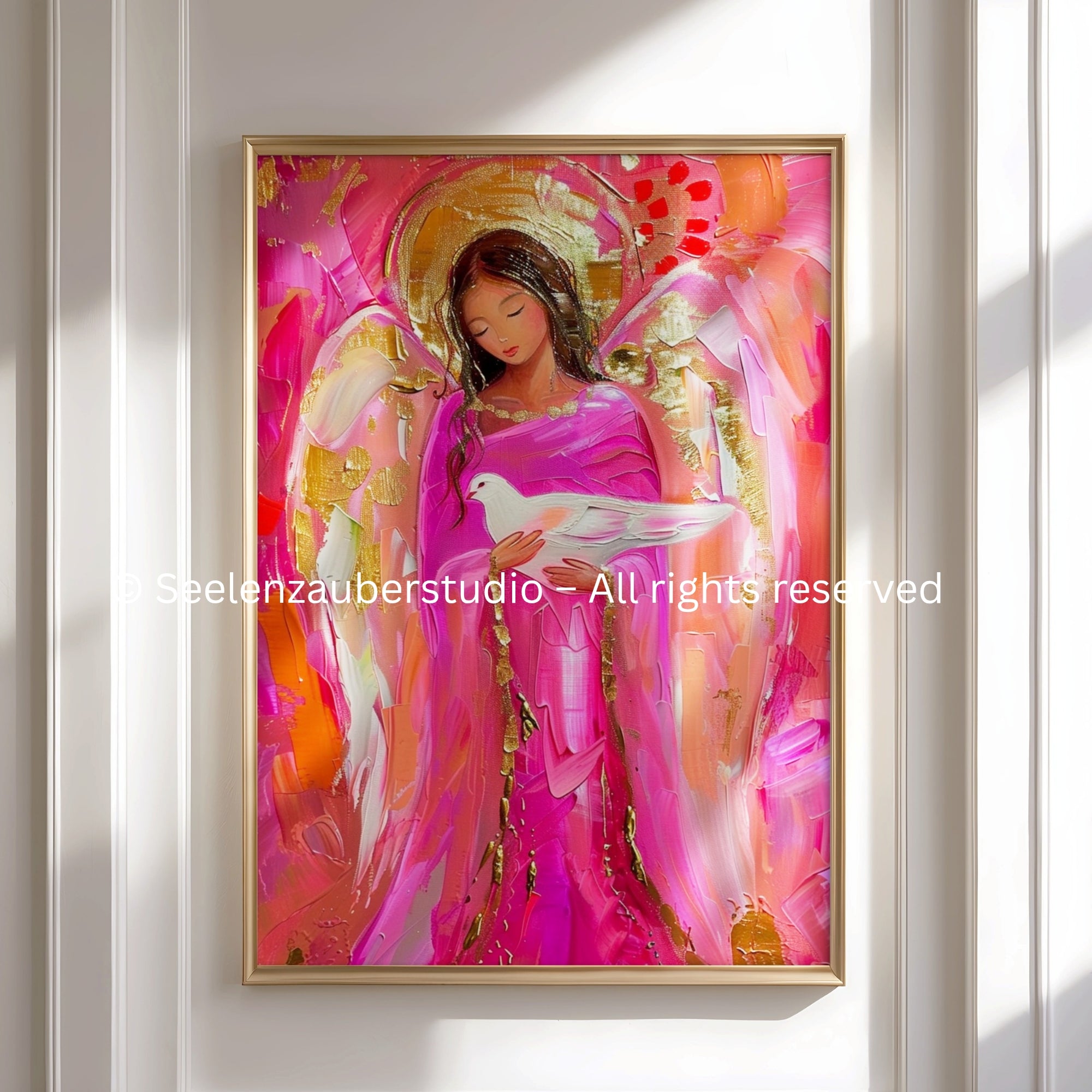 Schutzengel Poster mit Taube – Spirituelles Engelbild in Rosé & Gold – Modernes Engel Kunstposter