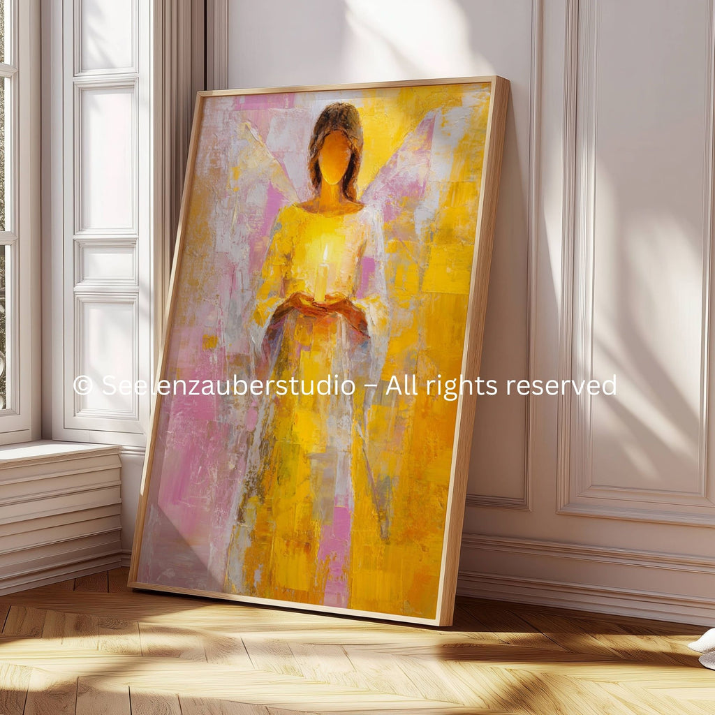 Poster Engel mit Kerze - Schutzengel Wandbild - Spirituelle Kunst in Pastell - Moderne Engel Dekoration