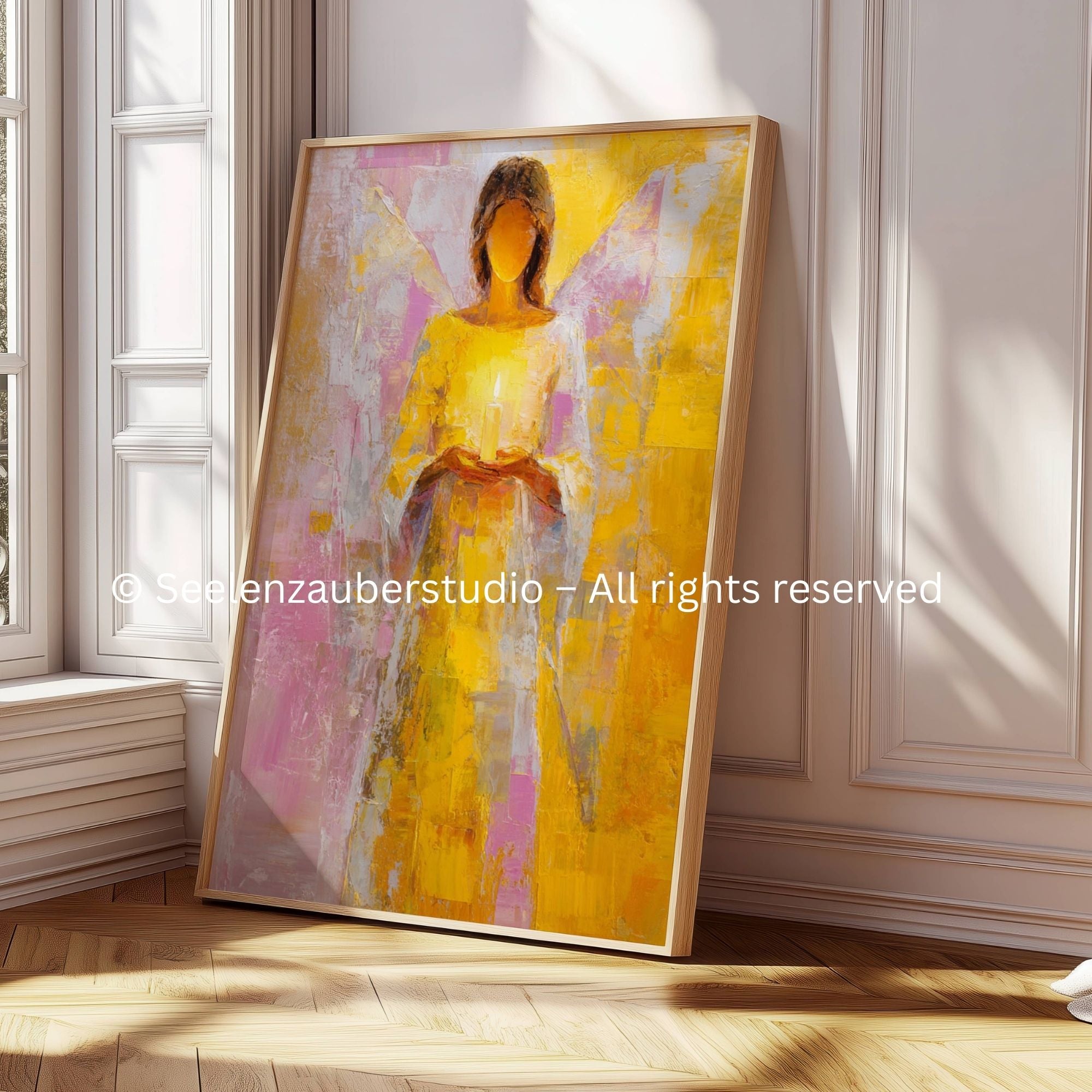 Poster Engel mit Kerze - Schutzengel Wandbild - Spirituelle Kunst in Pastell - Moderne Engel Dekoration