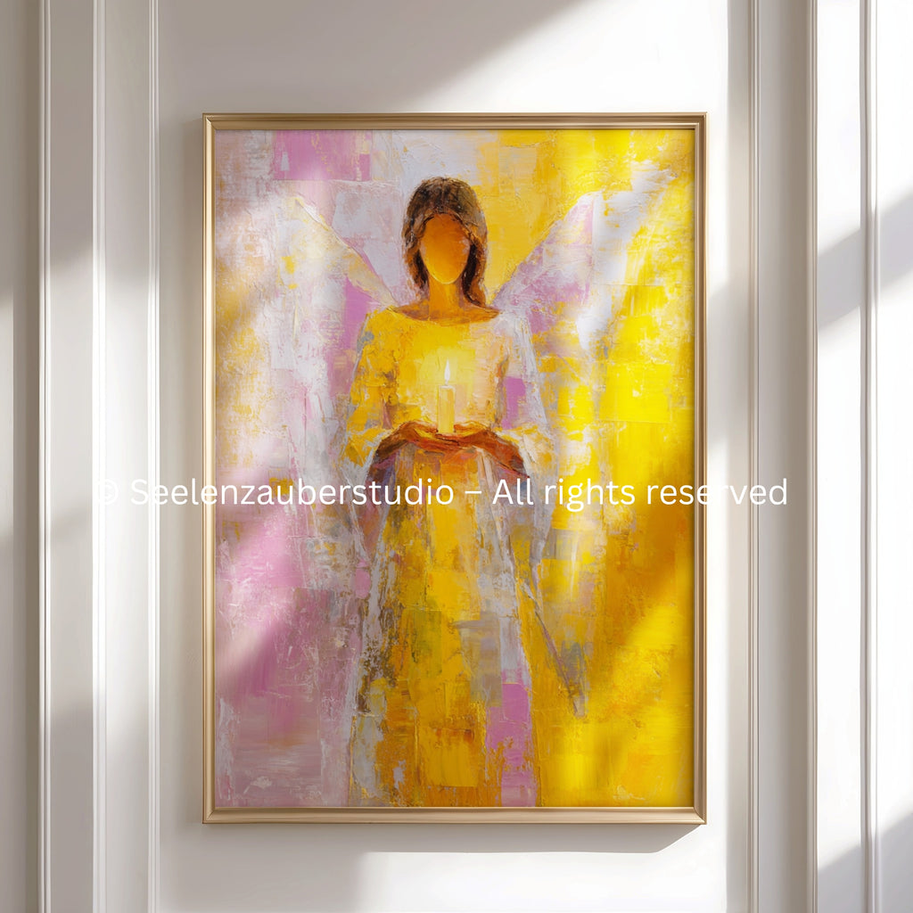Poster Engel mit Kerze - Schutzengel Wandbild - Spirituelle Kunst in Pastell - Moderne Engel Dekoration