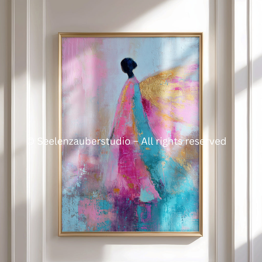 Engel Kunst Poster – Abstraktes spirituelles Wandbild in Rosa, Türkis & Gold | Erzengel Chamuel Energie & Herzheilung