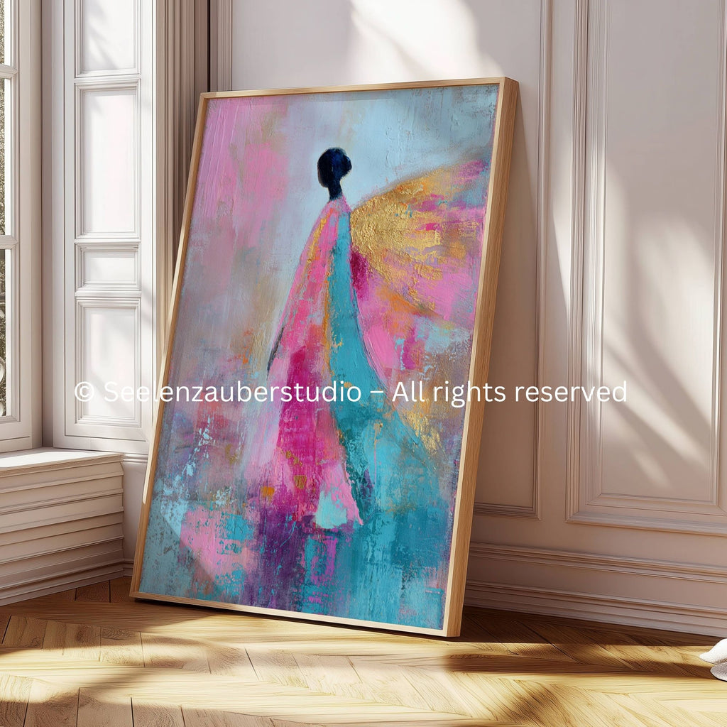 Engel Kunst Poster – Abstraktes spirituelles Wandbild in Rosa, Türkis & Gold | Erzengel Chamuel Energie & Herzheilung