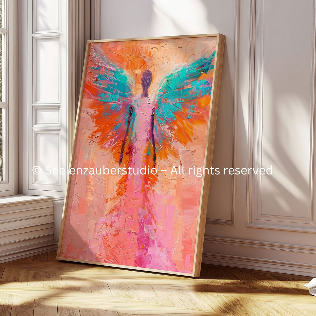 Poster Angel Wall Art Pink Orange Turquoise – Modern Wall Art with Wings Boho Style