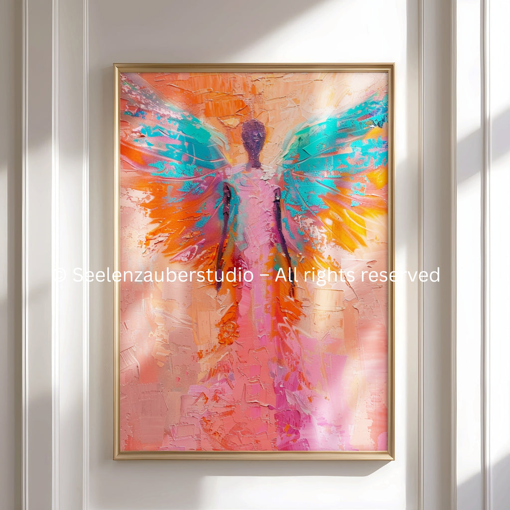 Poster Angel Wall Art Pink Orange Turquoise – Modern Wall Art with Wings Boho Style