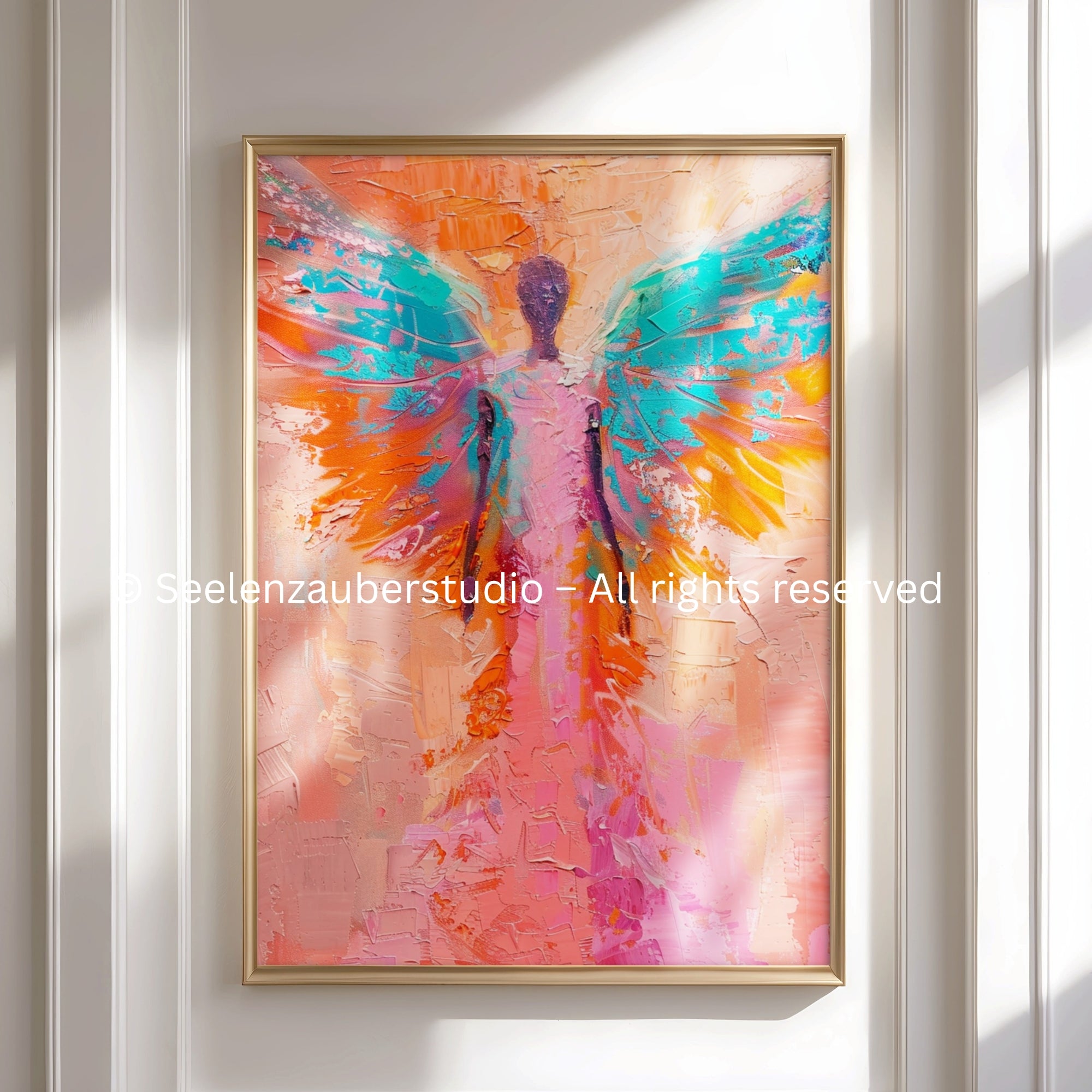 Poster Angel Wall Art Pink Orange Turquoise – Modern Wall Art with Wings Boho Style