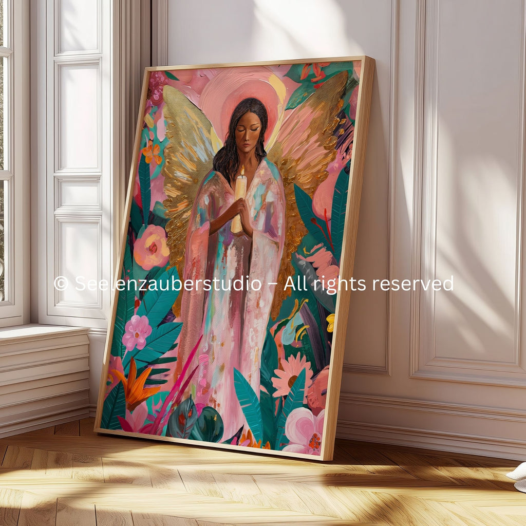 Poster Angel Wall Art Boho Gold – Premium Poster Modern Wall Art with Flowers and Angel Wings for Living Room Decor