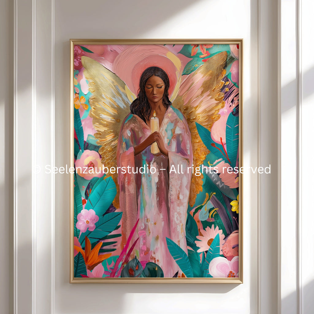 Poster Angel Wall Art Boho Gold – Premium Poster Modern Wall Art with Flowers and Angel Wings for Living Room Decor