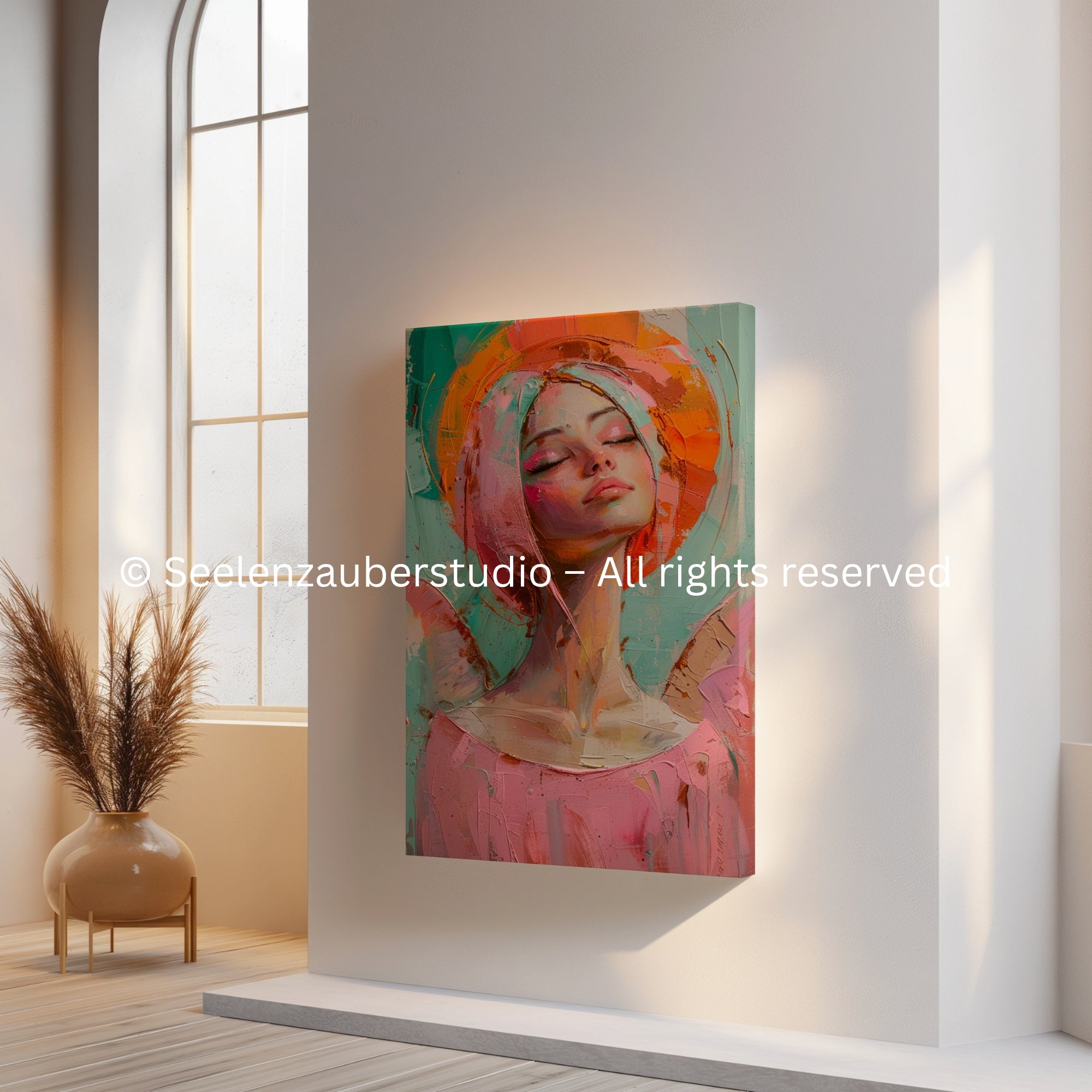 Aura der Stille– Portrait Leinwandbild auf Keilrahmen (ungerahmt), moderne Wandkunst in Pastell & Orange