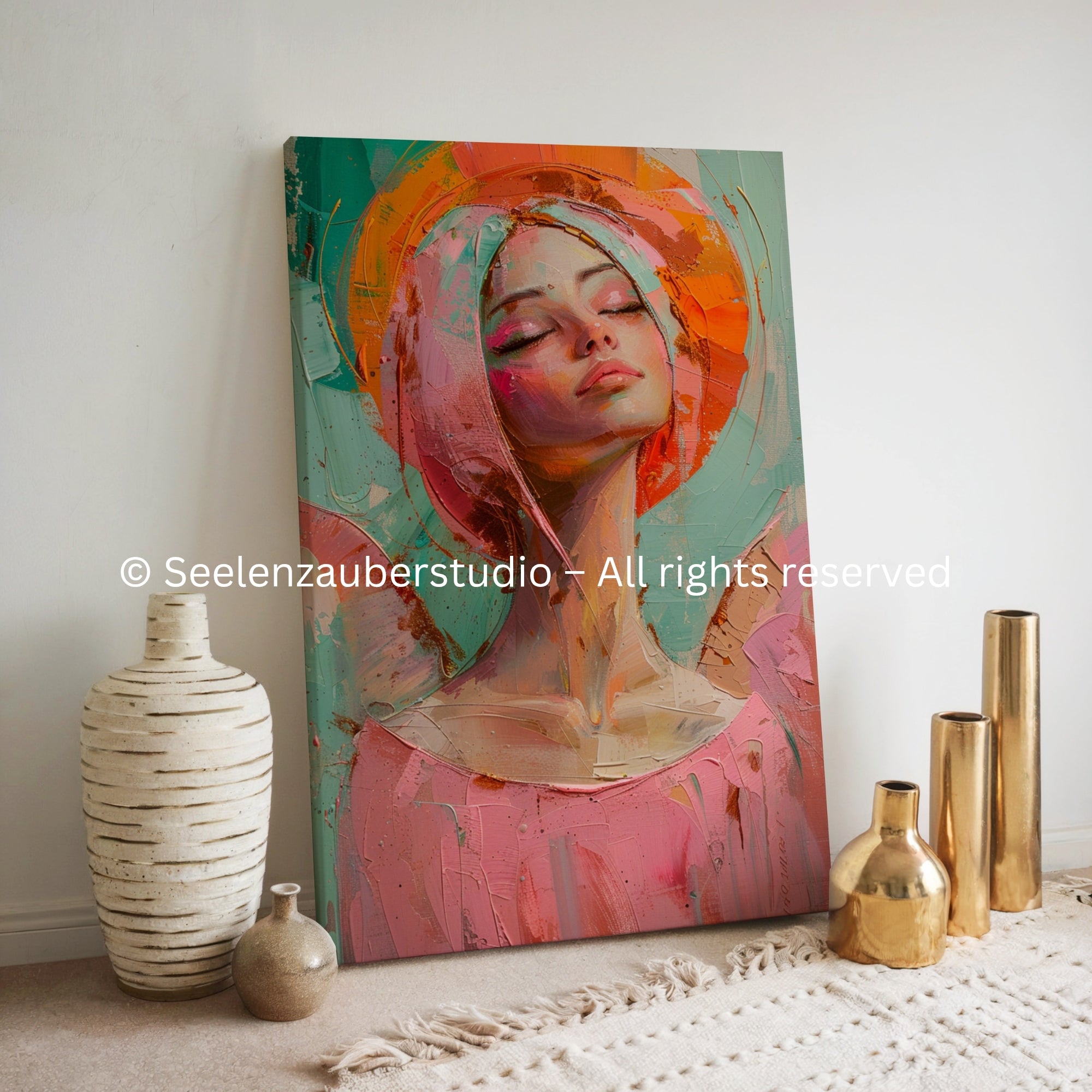 Aura der Stille– Portrait Leinwandbild auf Keilrahmen (ungerahmt), moderne Wandkunst in Pastell & Orange