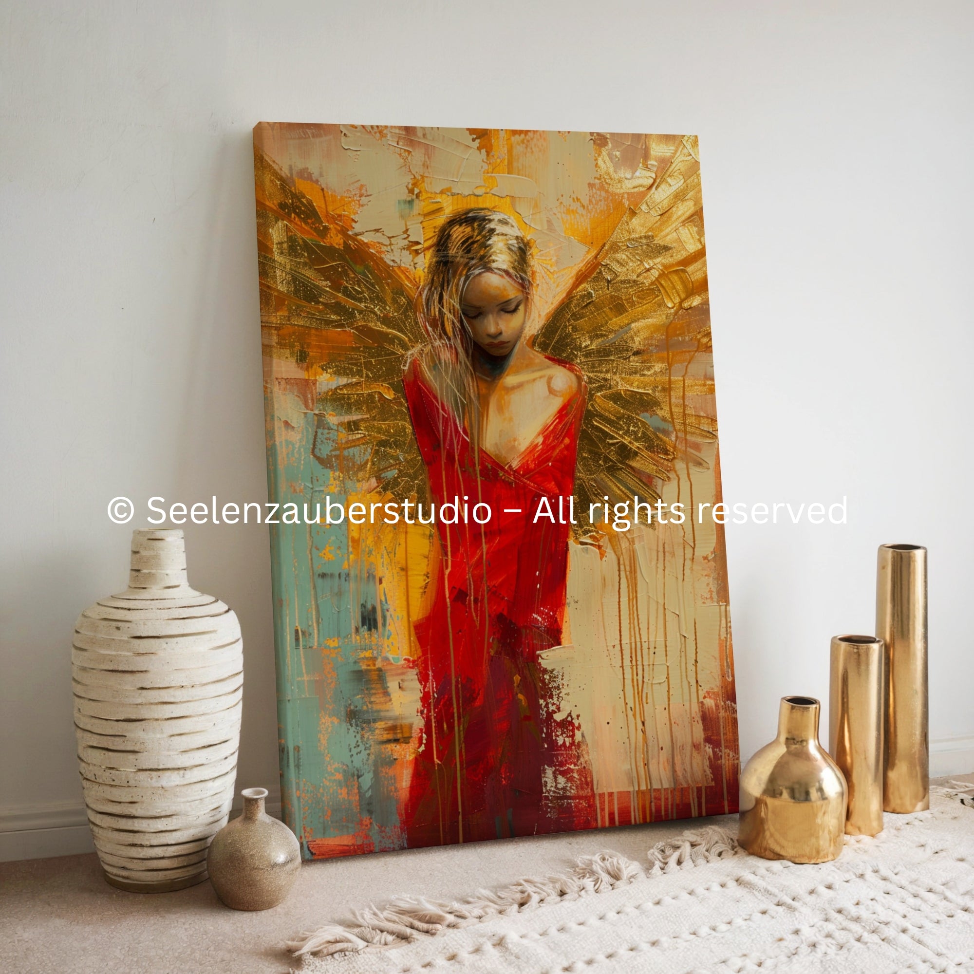 Rotgoldengel – Moderne Engel Leinwand in Rot & Gold