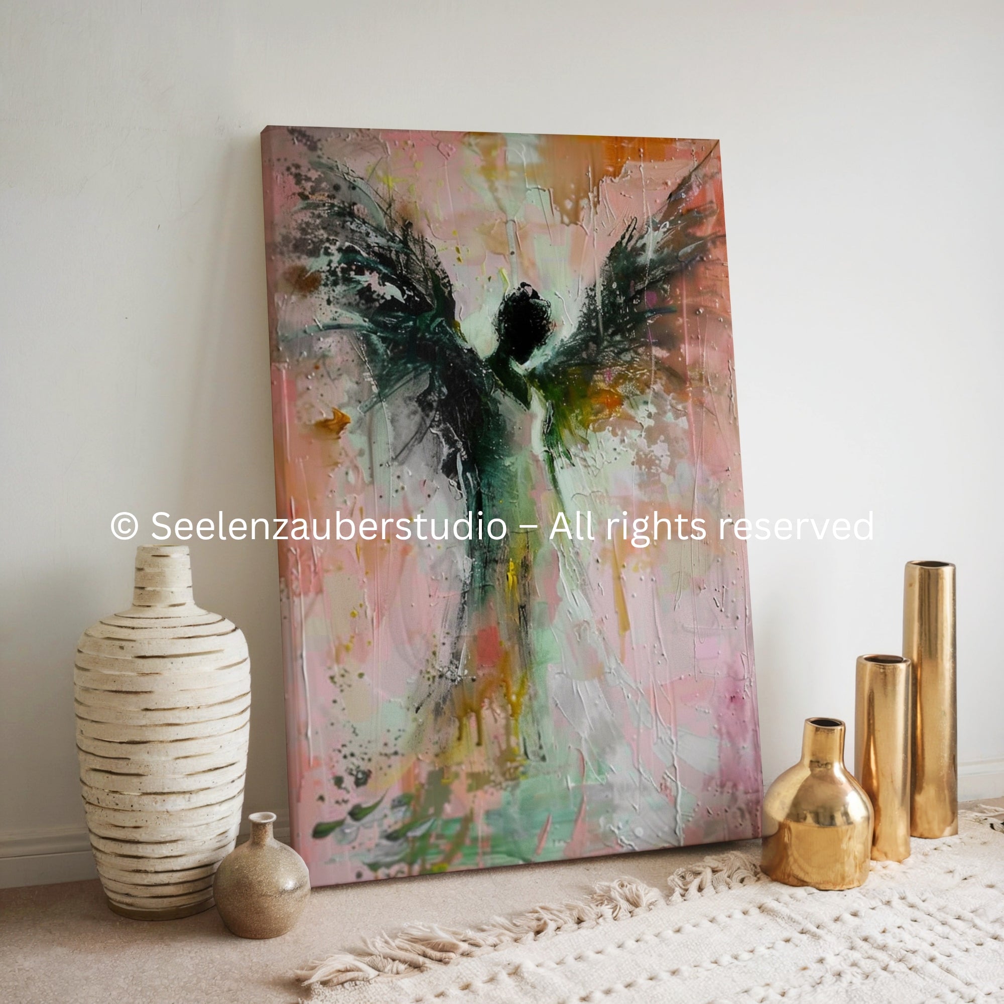 Abstrakter Engel Leinwandbild in Rosa & Grün – Moderne spirituelle Wandkunst auf Keilrahmen