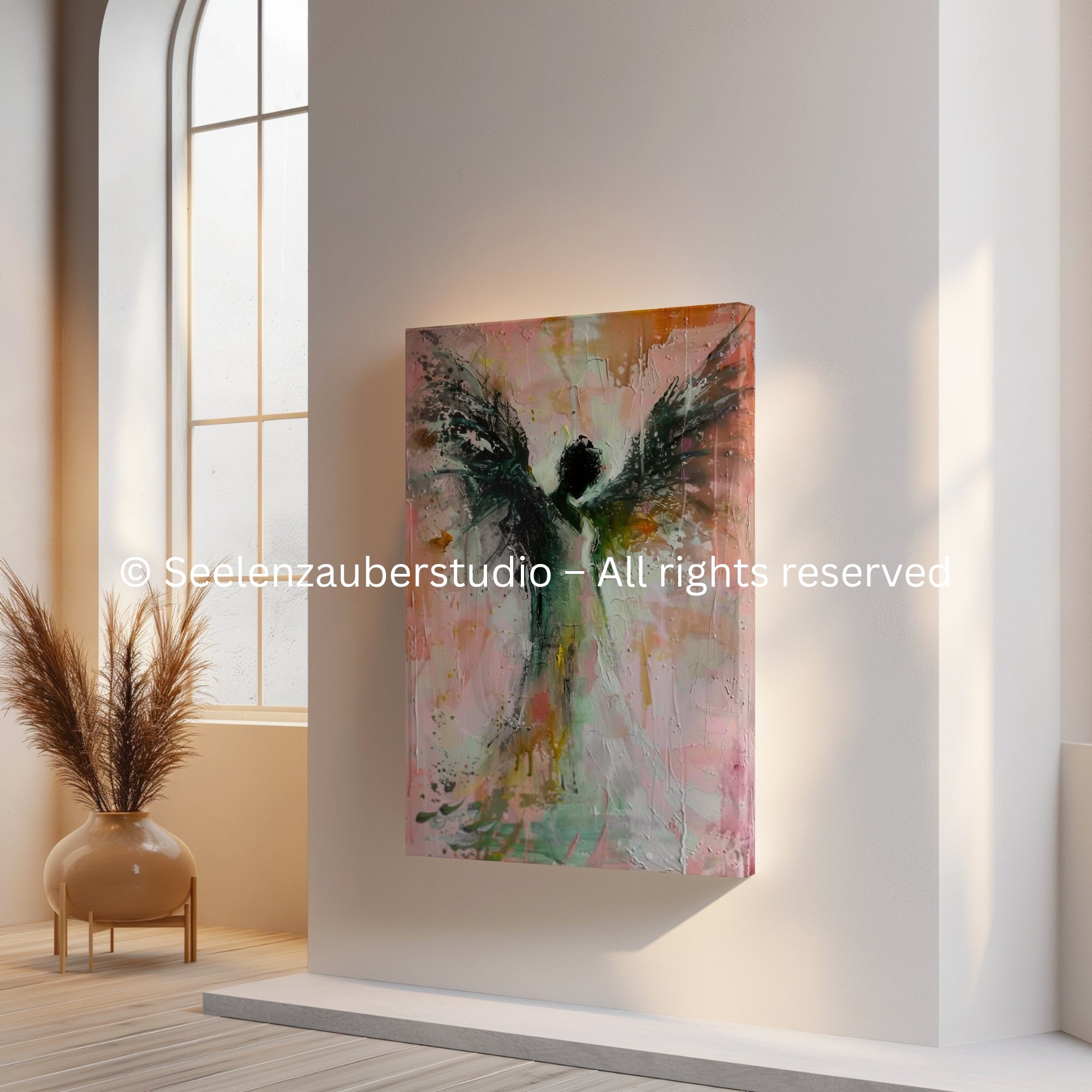 Abstrakter Engel Leinwandbild in Rosa & Grün – Moderne spirituelle Wandkunst auf Keilrahmen
