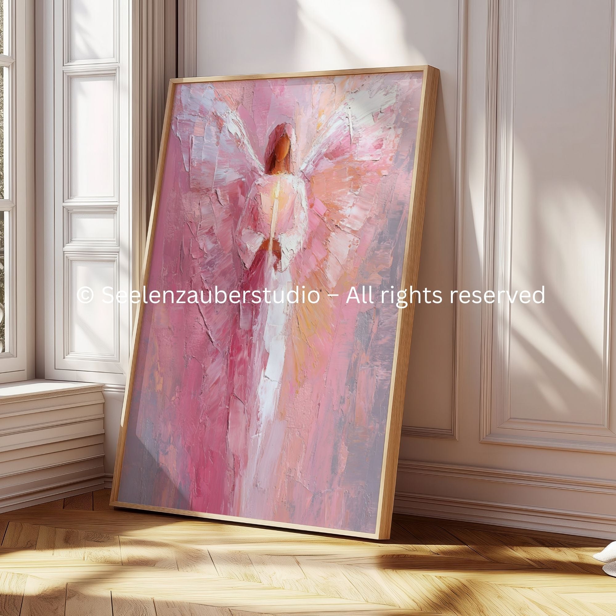 Engel Bild Leinwand Rosa Pink | Schutzengel Wandbild auf Keilrahmen | Abstrakte Acrylmalerei | Wohnzimmer Deko Geschenk Spirituell