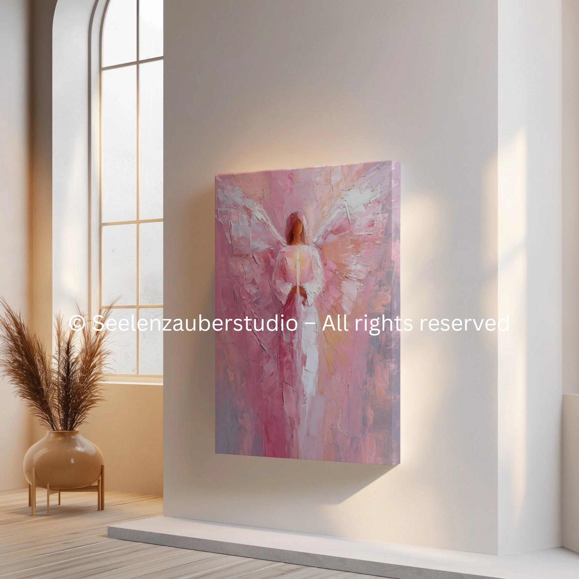 Engel Bild Leinwand Rosa Pink | Schutzengel Wandbild auf Keilrahmen | Abstrakte Acrylmalerei | Wohnzimmer Deko Geschenk Spirituell