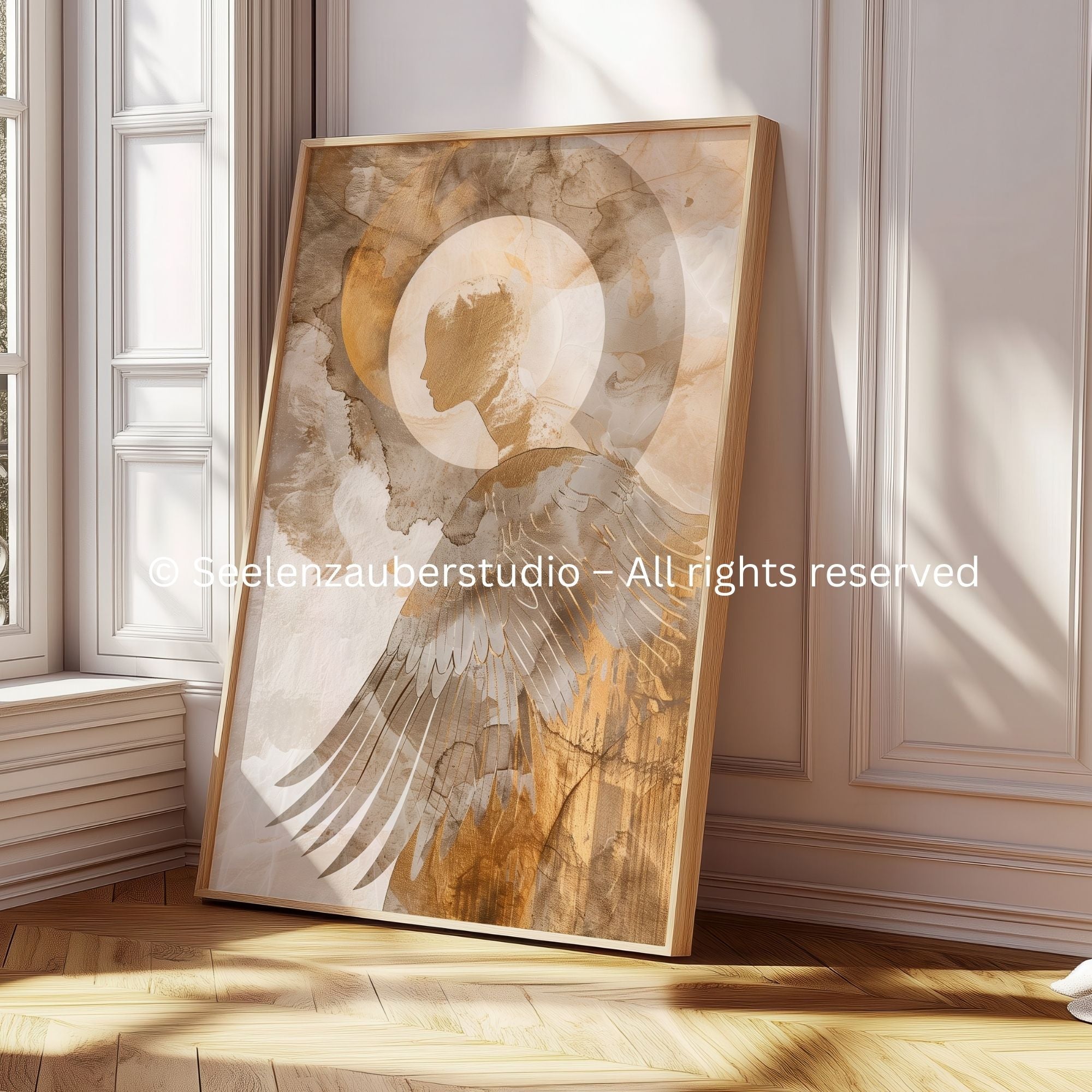 Engel Poster Gold Beige | Schutzengel Heiligenschein | Christliche Wandkunst Spirituelles Bild