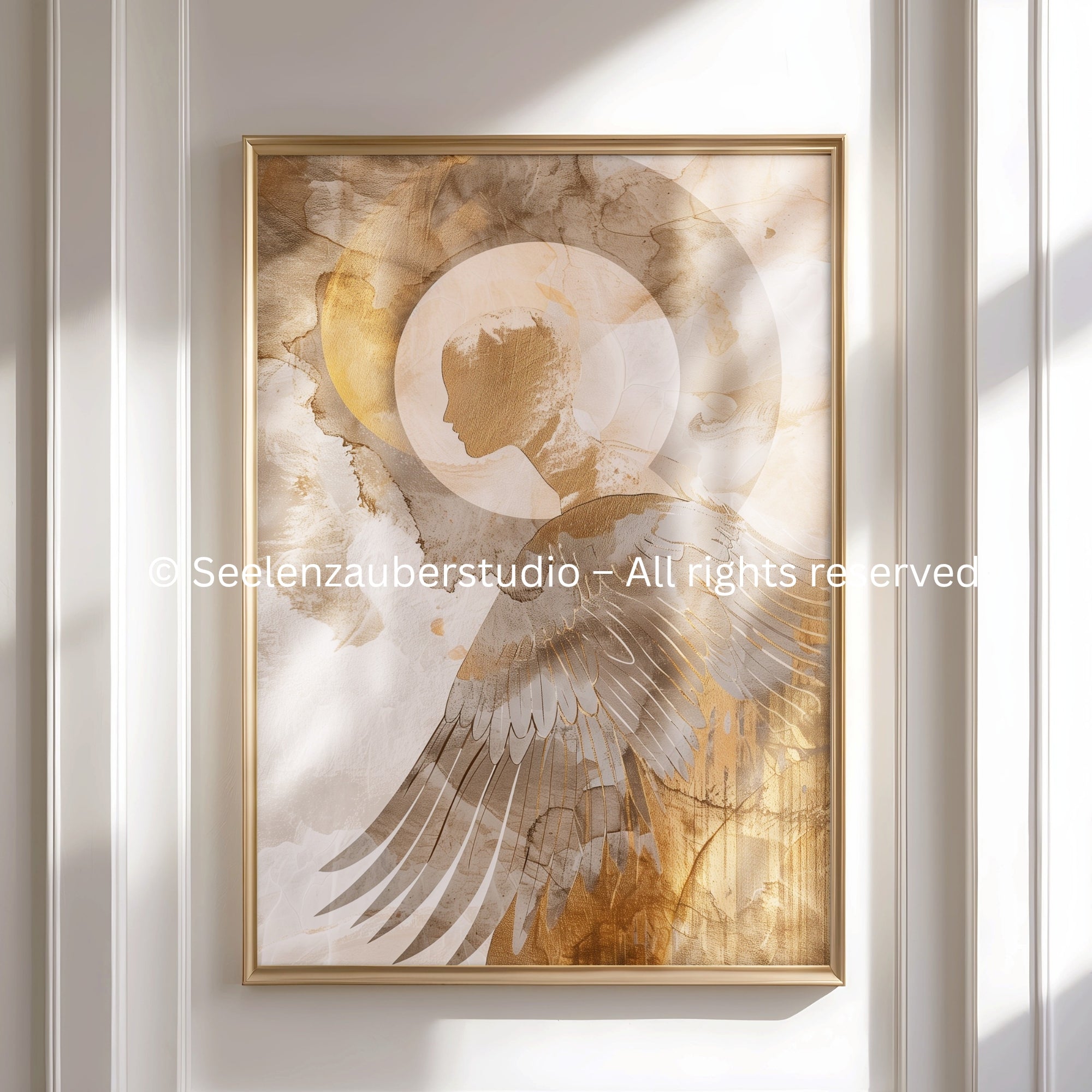 Engel Poster Gold Beige | Schutzengel Heiligenschein | Christliche Wandkunst Spirituelles Bild