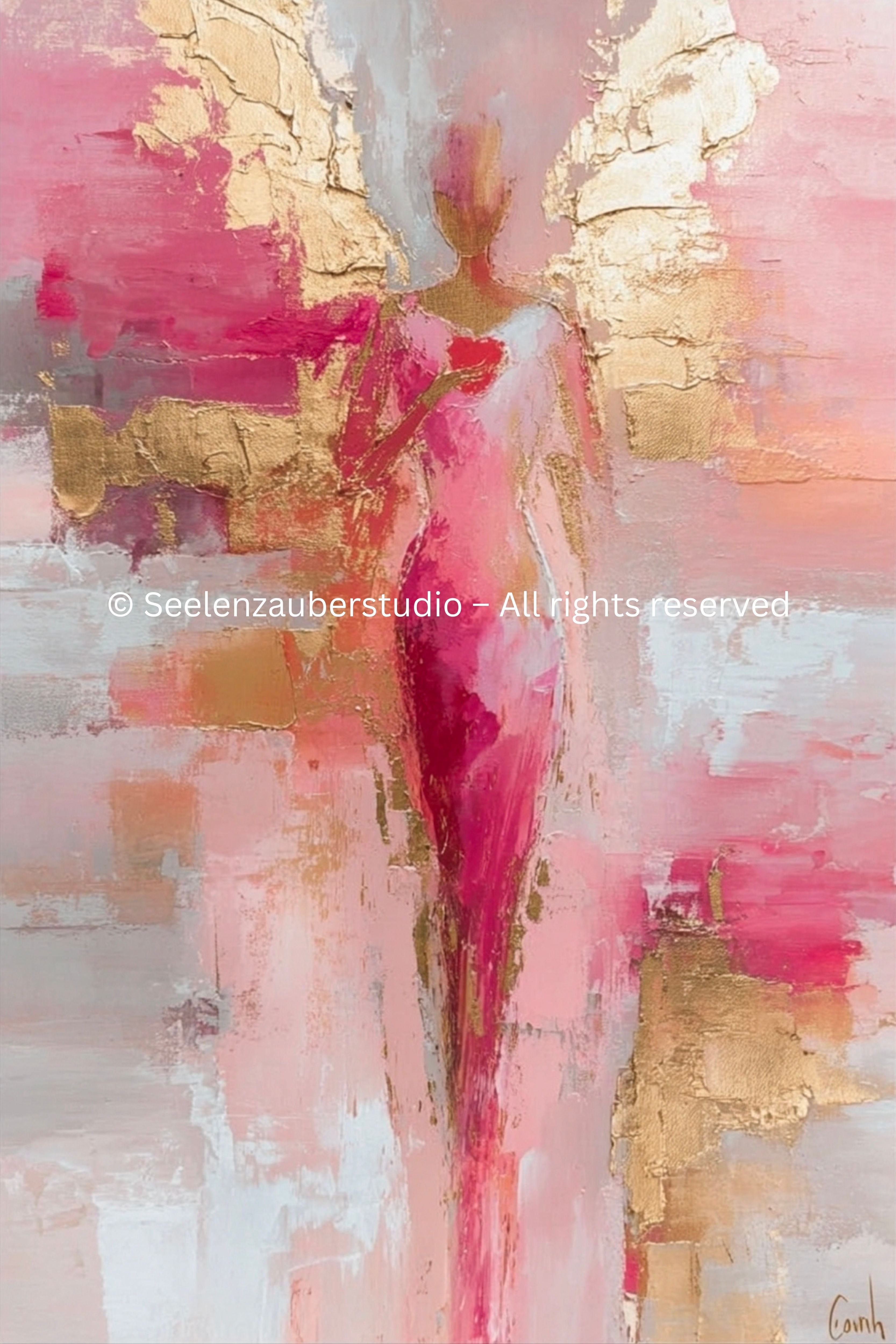 Poster Engel Flügel Wandbild – Spirituelle Kunst in Pink Gold, Moderner Schutzengel Print, Abstrakte feminine Wall Art, Himmlische Deko
