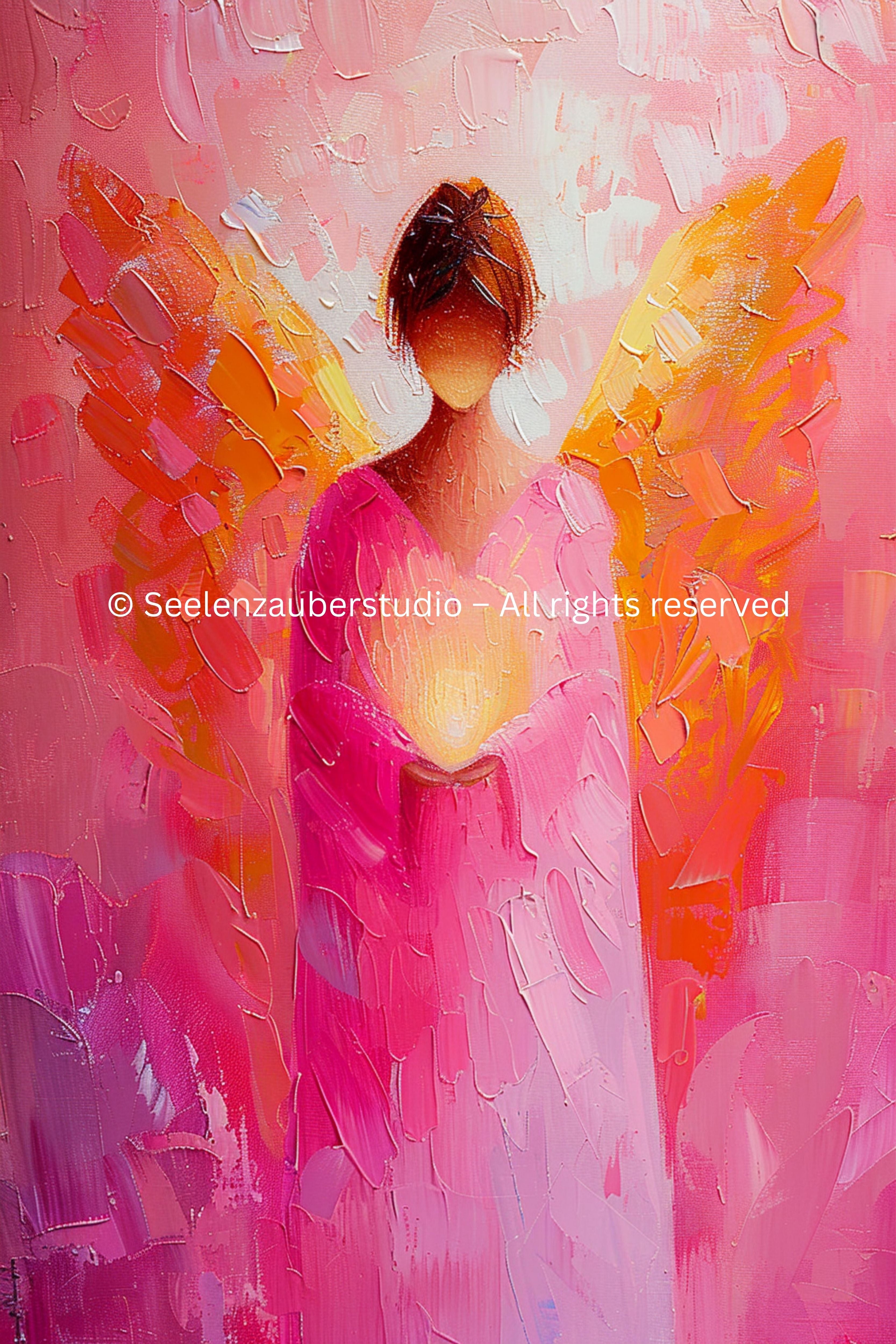 Erzengel Chamuel Leinwandbild auf Keilrahmen – Spirituelle Engelkunst in Pink & Gold – Schutzengel Wandbild