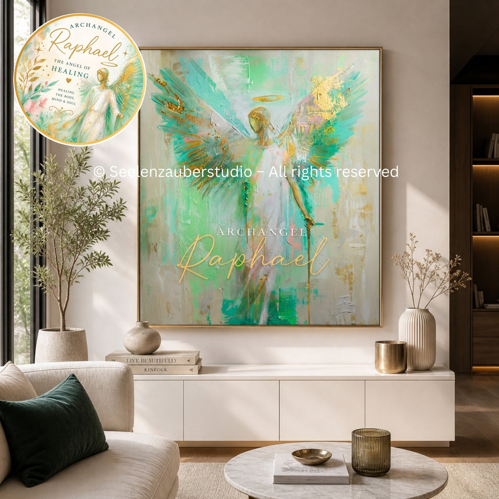 Schutzengel Poster Erzengel Raphael | Engel Wandbild Grün Gold | Spirituelle Kunst | Archangel Raphael Print | Angel Wall Art | (Kopie)