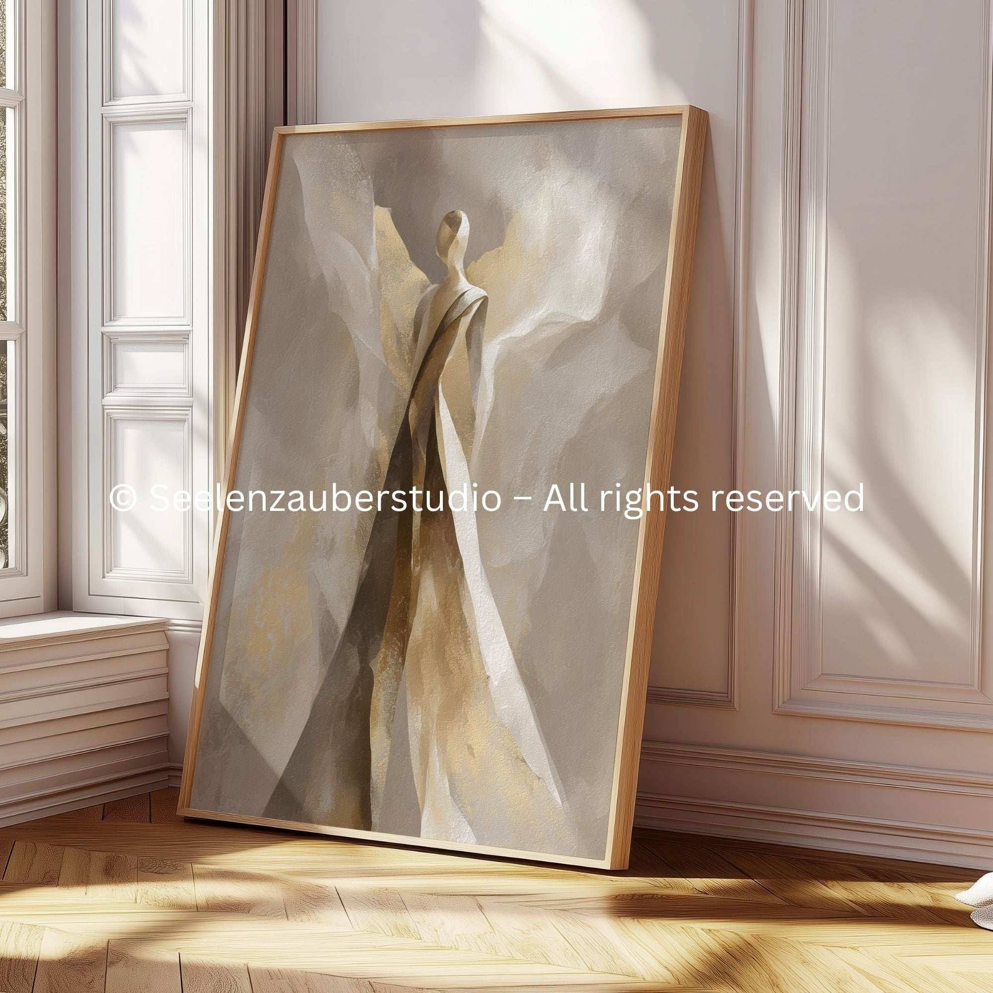 Poster Engel Beige Gold Minimalistisch | Abstrakter Schutzengel | Spirituelle Christliche Wandkunst