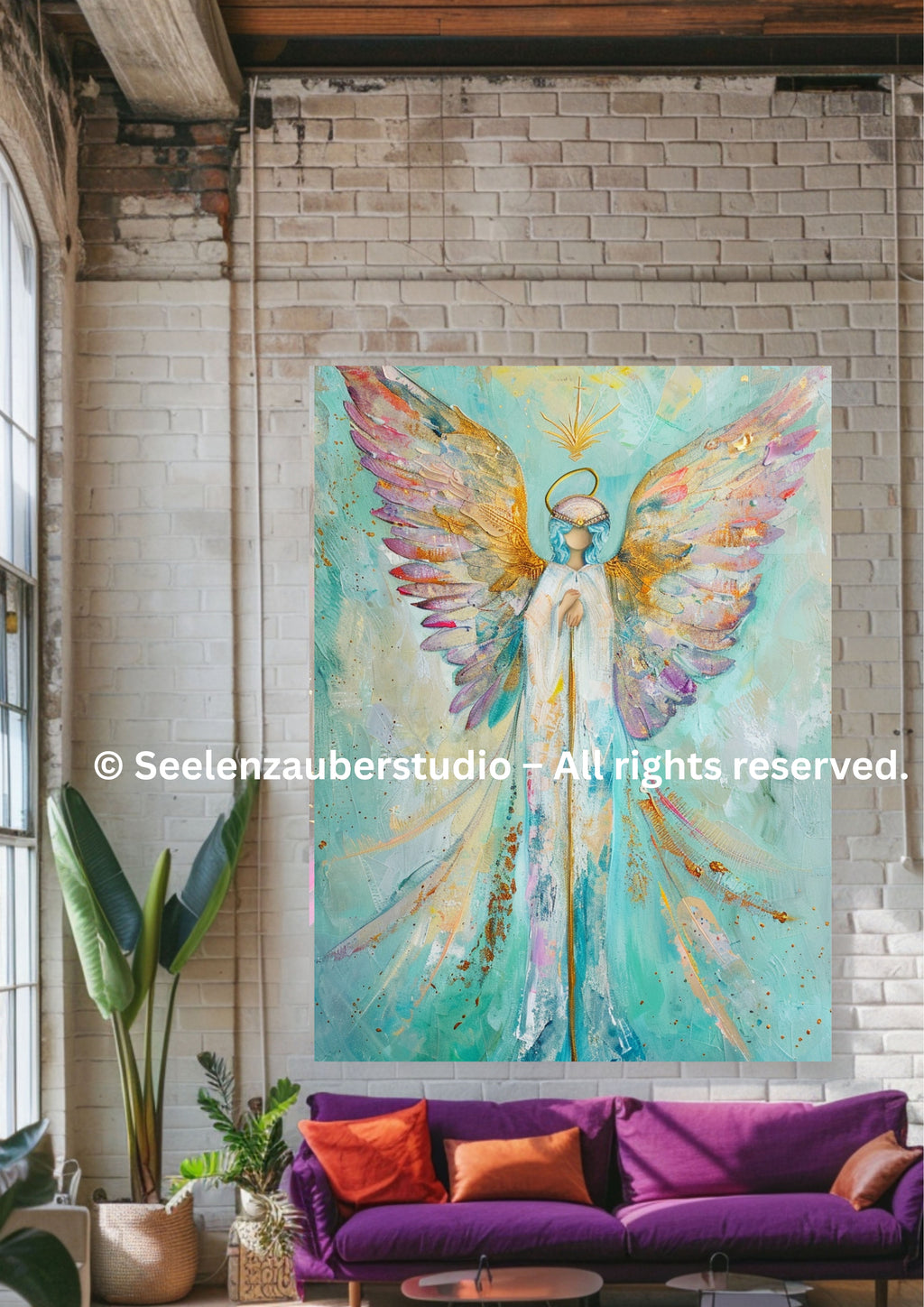 Schutzengel Leinwandbild – Spirituelle Wandkunst Engel – Lichtengel Kunst – Moderne Engel Leinwand gerahmt– Heilsames Wandbild