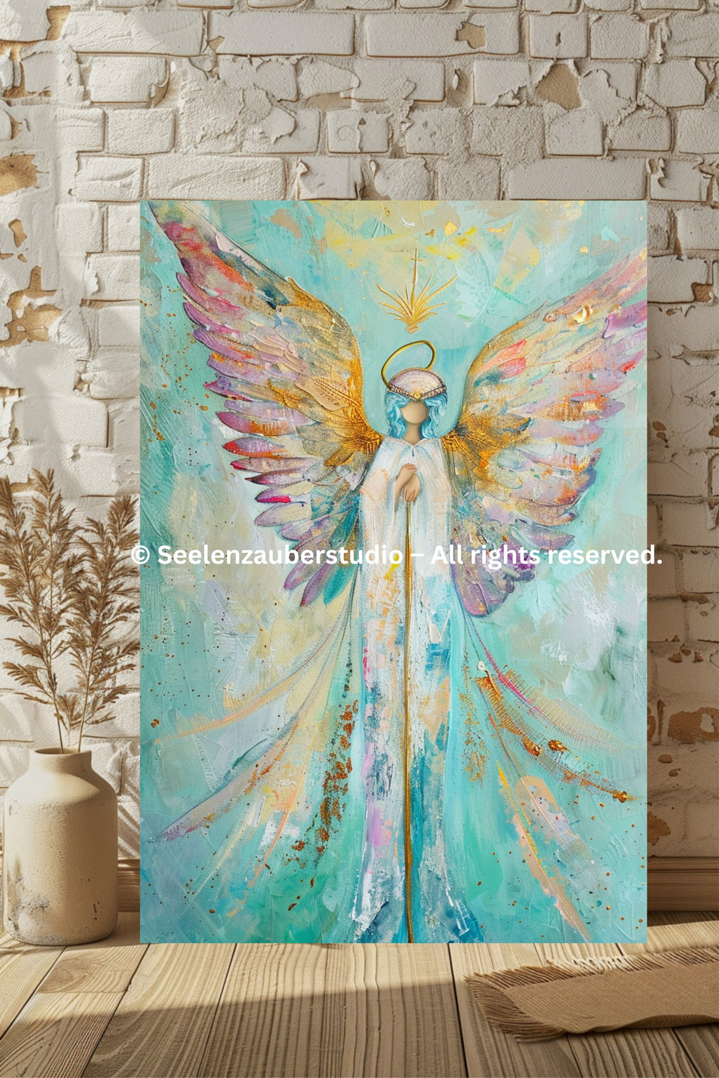 Schutzengel Leinwandbild – Spirituelle Wandkunst Engel – Lichtengel Kunst – Moderne Engel Leinwand gerahmt– Heilsames Wandbild