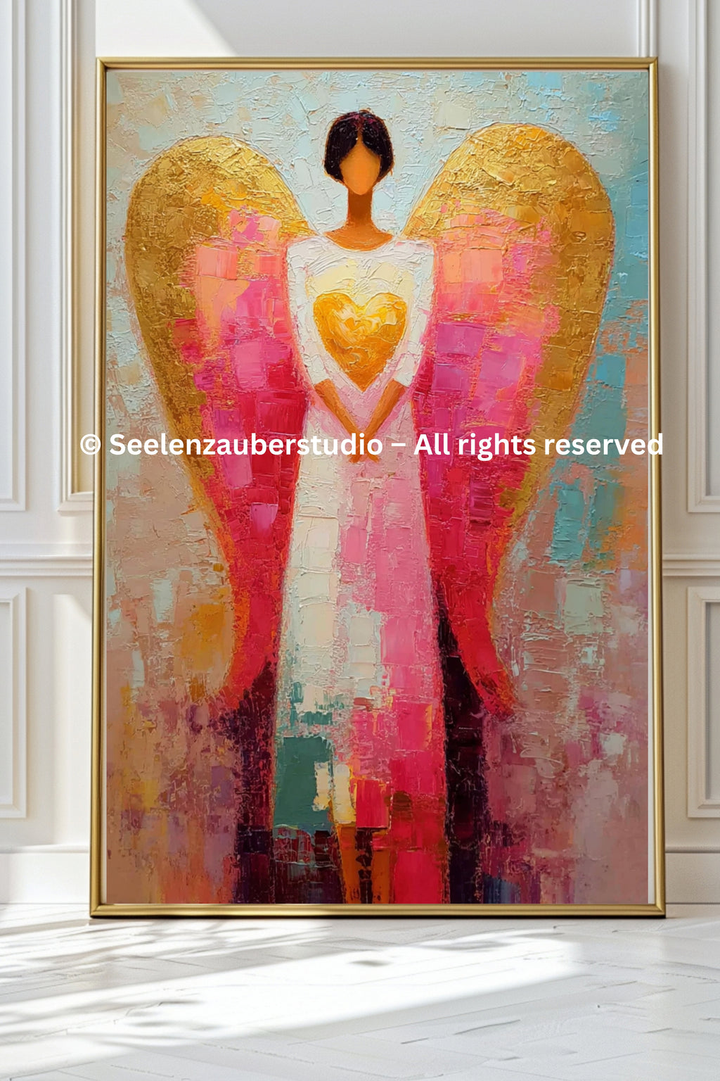 Schutzengel Bild – Spirituelle Engelkunst mit Herz – Moderne Acryl Malerei – Seelenbild für Wohnzimmer – Engel Wandbild Geschenk