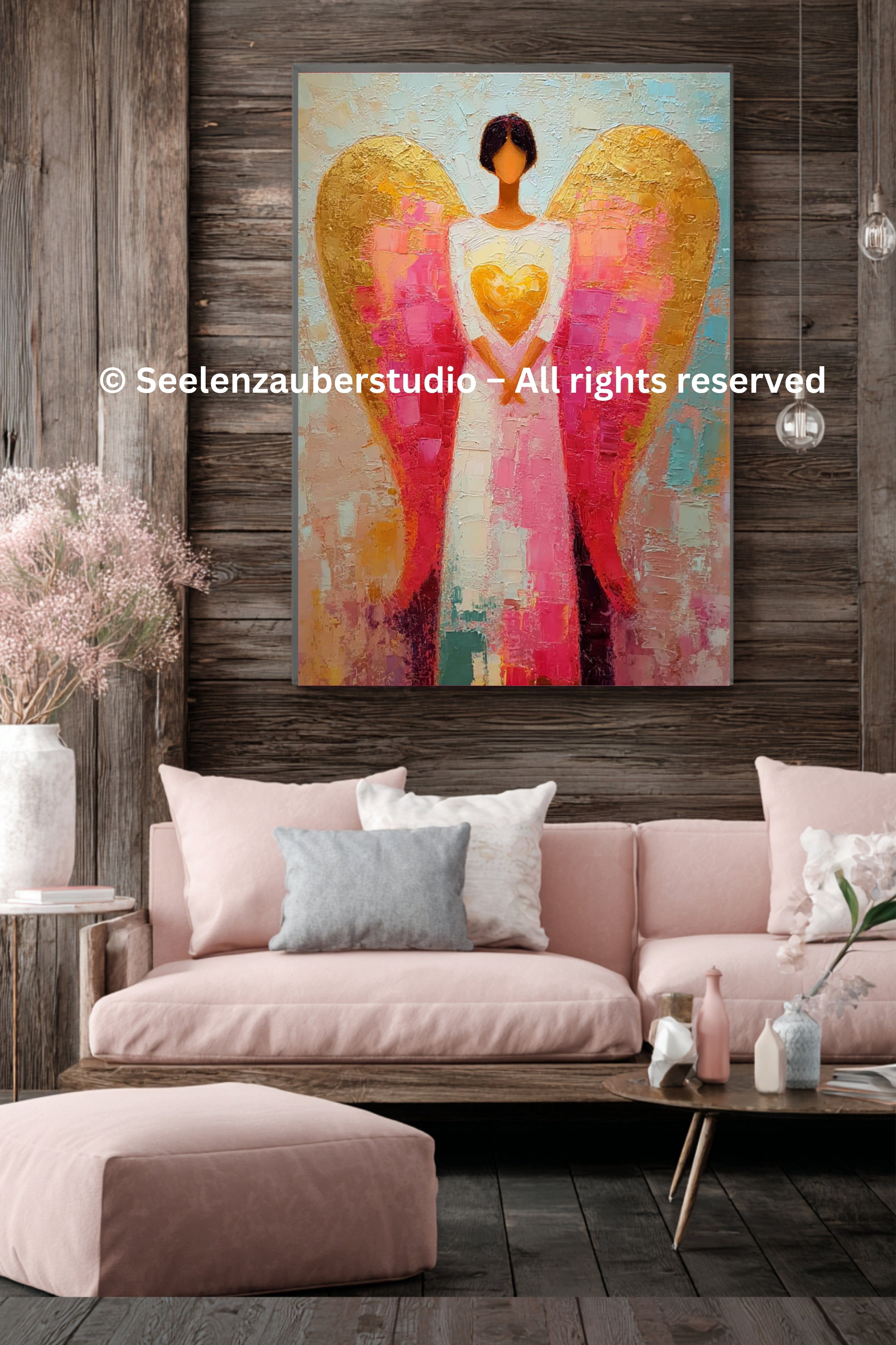 Schutzengel Bild – Spirituelle Engelkunst mit Herz – Moderne Acryl Malerei – Seelenbild für Wohnzimmer – Engel Wandbild Geschenk