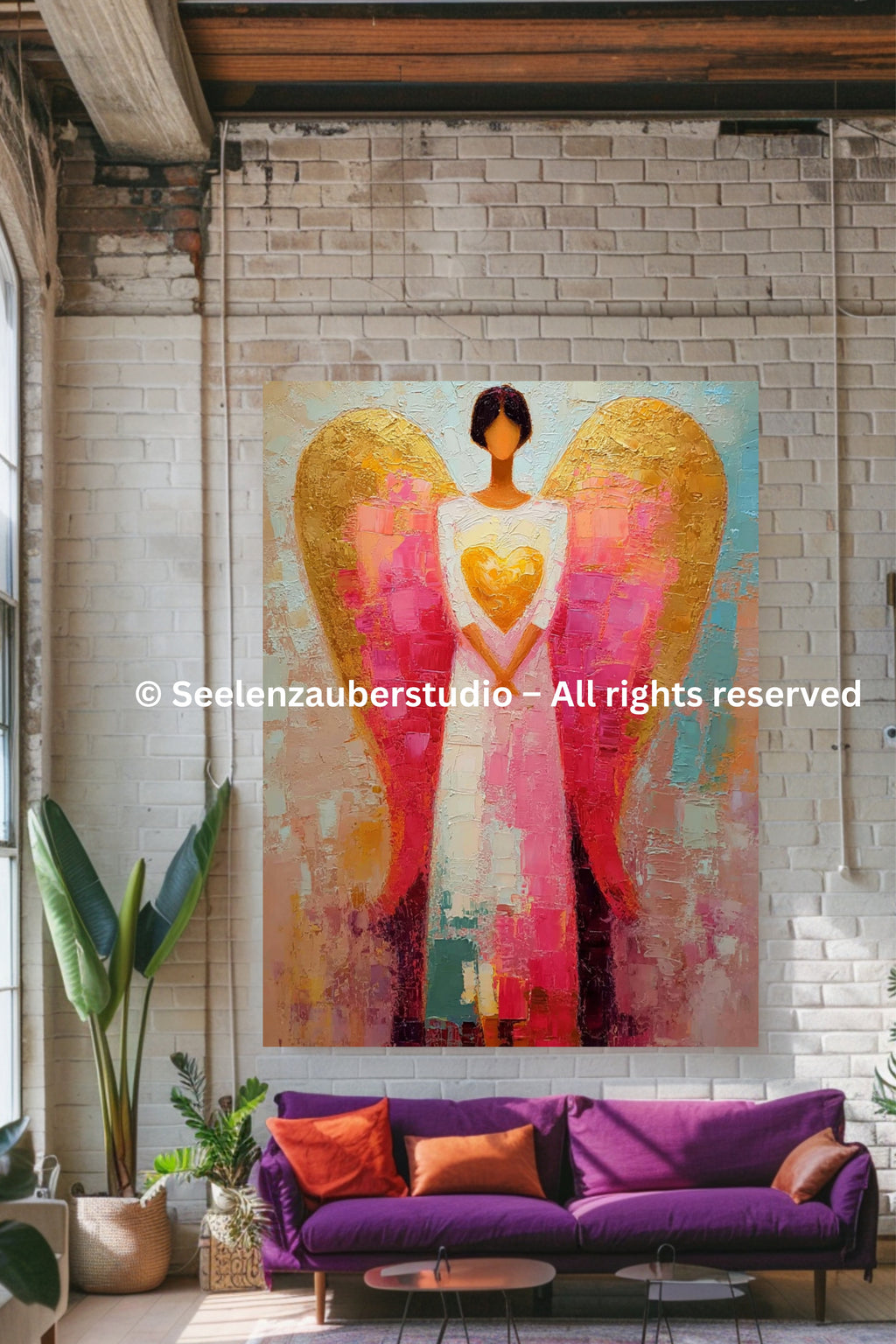 Schutzengel Bild – Spirituelle Engelkunst mit Herz – Moderne Acryl Malerei – Seelenbild für Wohnzimmer – Engel Wandbild Geschenk