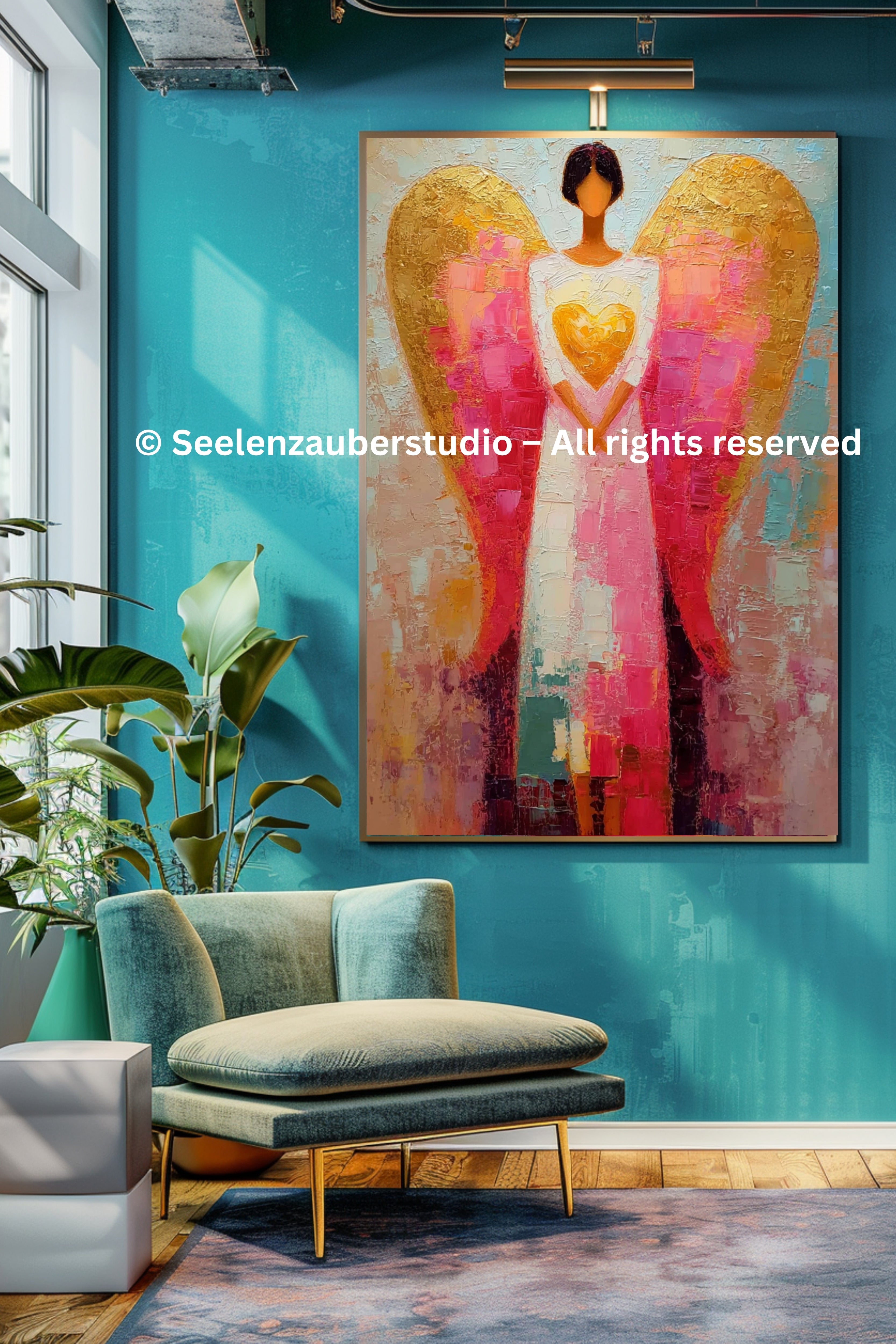 Schutzengel Bild – Spirituelle Engelkunst mit Herz – Moderne Acryl Malerei – Seelenbild für Wohnzimmer – Engel Wandbild Geschenk