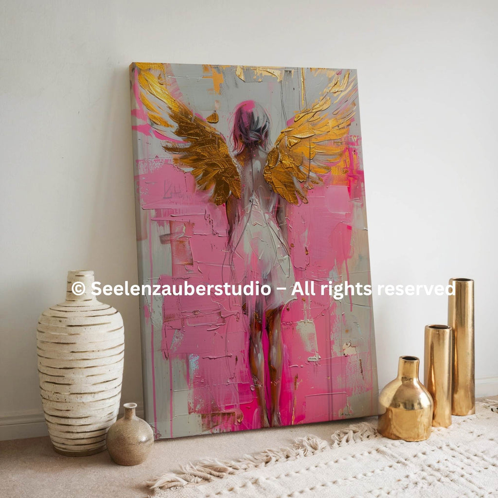 Engel Leinwandbild Rosa Gold | Spirituelle Wandkunst Engel | Moderne Schutzengel Kunst | Dicke Leinwand Galerie Keilrahmen