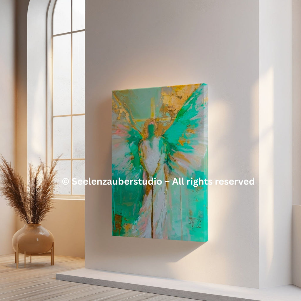 Erzengel Raphael Leinwandbild | Heilender Engel Wandkunst | Spirituelle Engel Kunst Grün Gold | Dicke Leinwand Galerie Keilrahmen