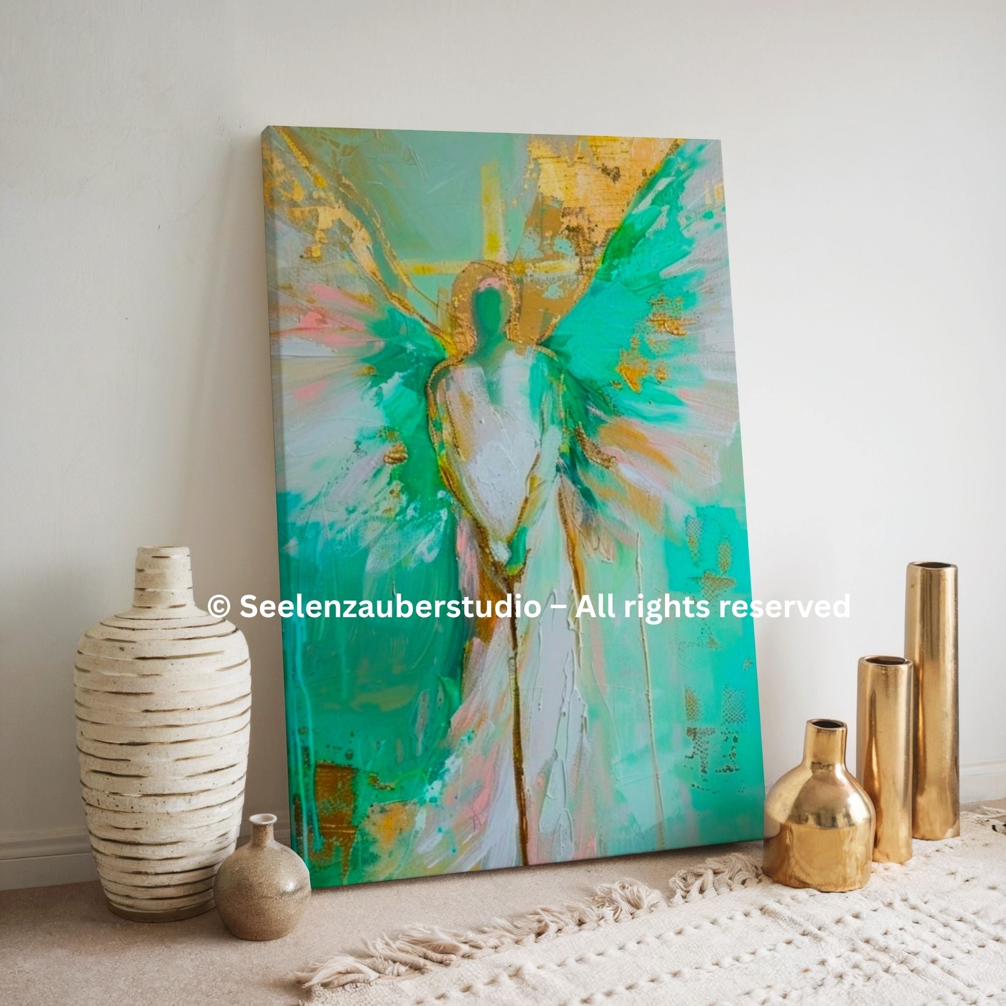 Erzengel Raphael Leinwandbild | Heilender Engel Wandkunst | Spirituelle Engel Kunst Grün Gold | Dicke Leinwand Galerie Keilrahmen