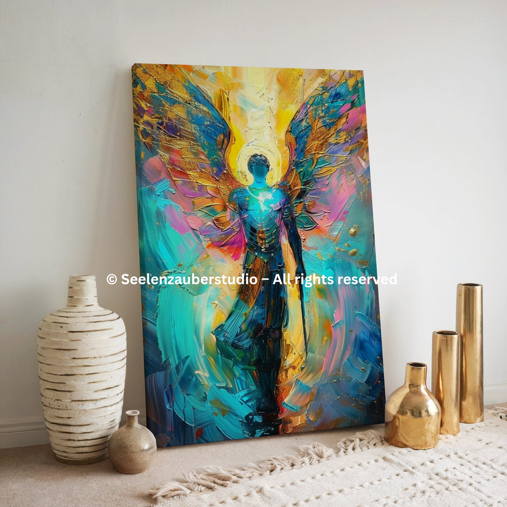 Erzengel Michael Leinwandbild – Spirituelle Engelkunst auf dicker Leinwand, auf Holz gespannt