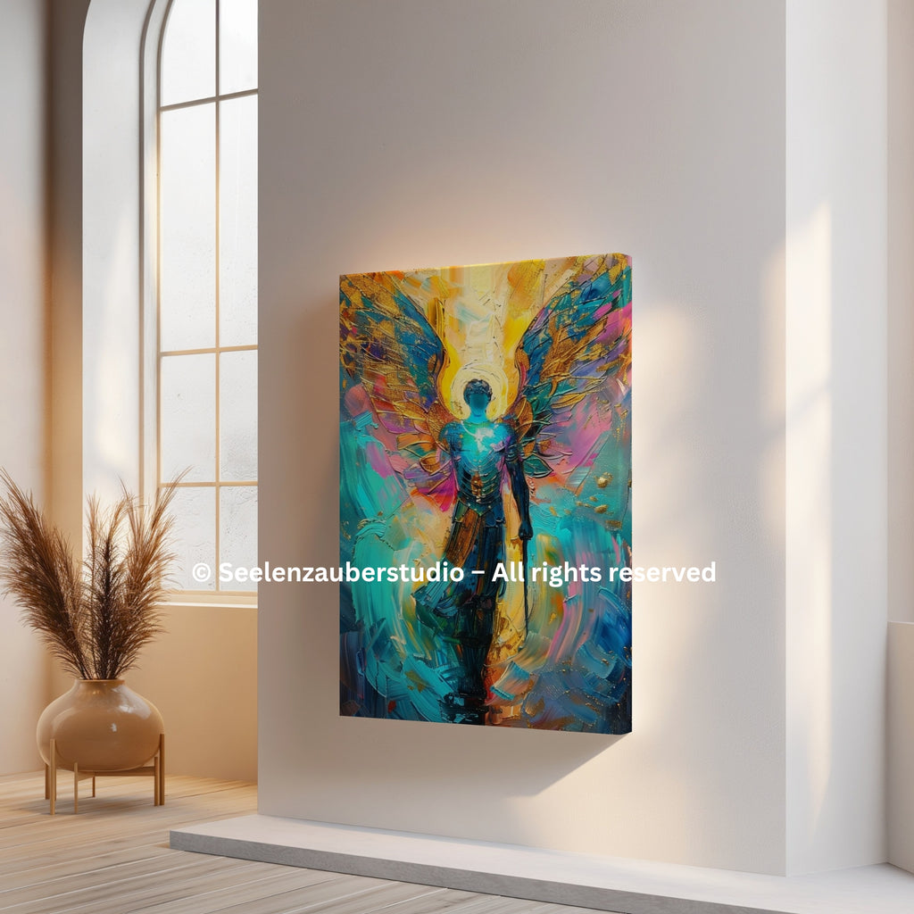 Erzengel Michael Leinwandbild – Spirituelle Engelkunst auf dicker Leinwand, auf Holz gespannt