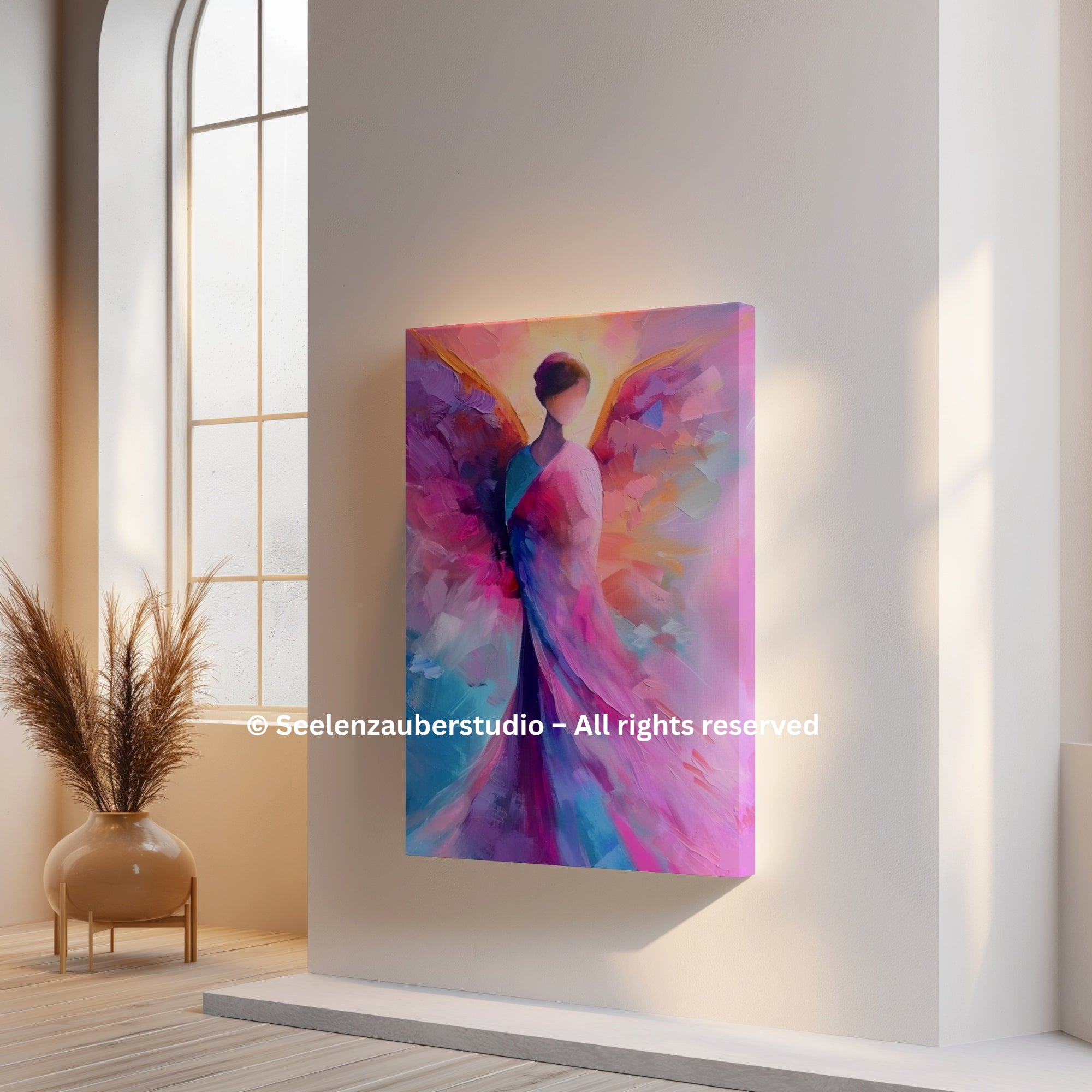 Abstrakter Engel Leinwandbild auf Keilrahmen – Spirituelle Kunst in Pastellfarben – Moderne Engel Malerei – Wandbild Wohnzimmer Schlafzimmer