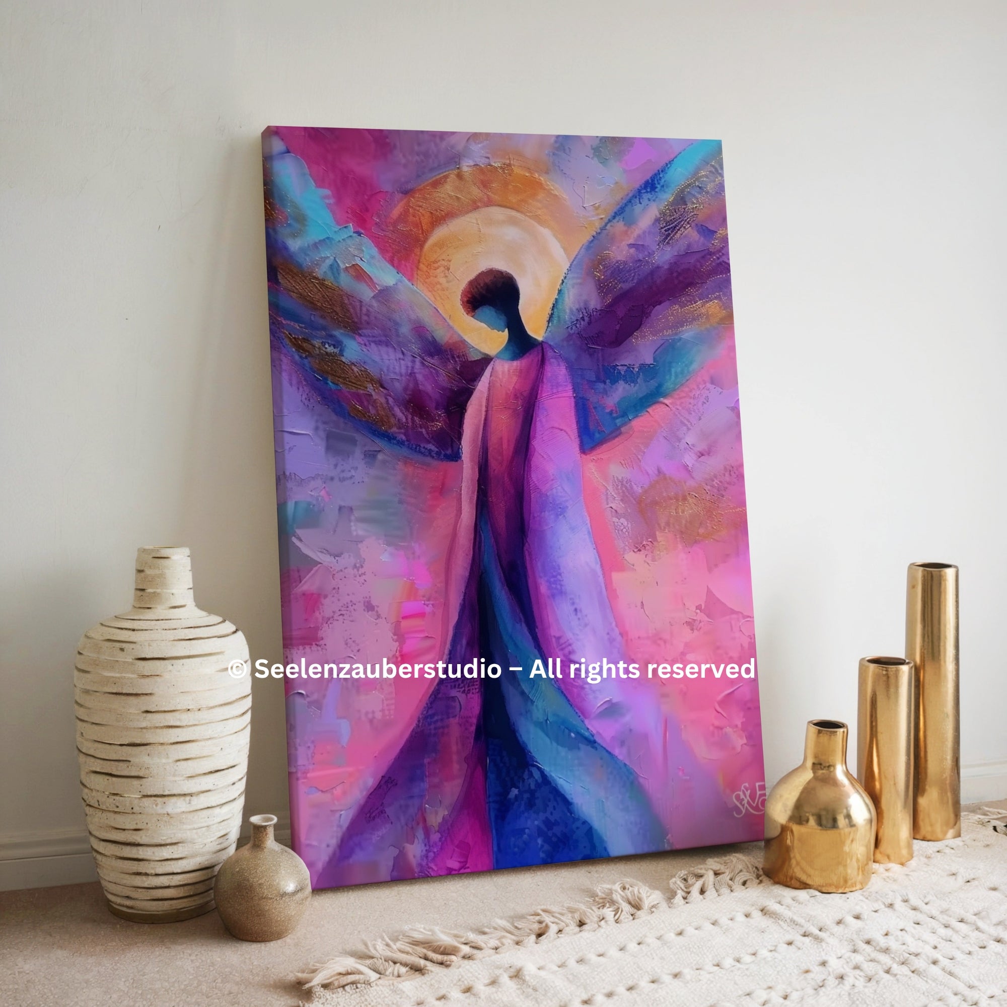 Abstrakter Engel Leinwandbild auf Keilrahmen – Spirituelle Kunst in Pastellfarben – Moderne Engel Malerei – Wandbild Wohnzimmer Schlafzimmer