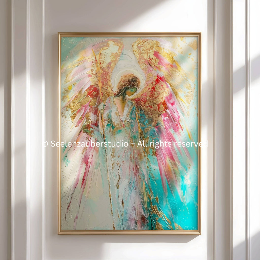 Engel Wandbild Abstrakt | Schutzengel Kunst | Spirituelles Poster | Moderne Engel Kunst | Heilende Energie Deko | Engel Bild Gold Pastell