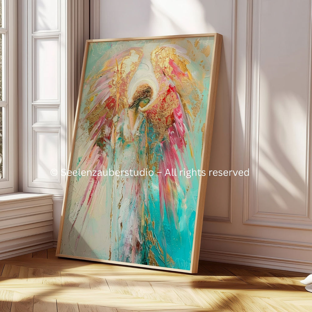 Engel Wandbild Abstrakt | Schutzengel Kunst | Spirituelles Poster | Moderne Engel Kunst | Heilende Energie Deko | Engel Bild Gold Pastell