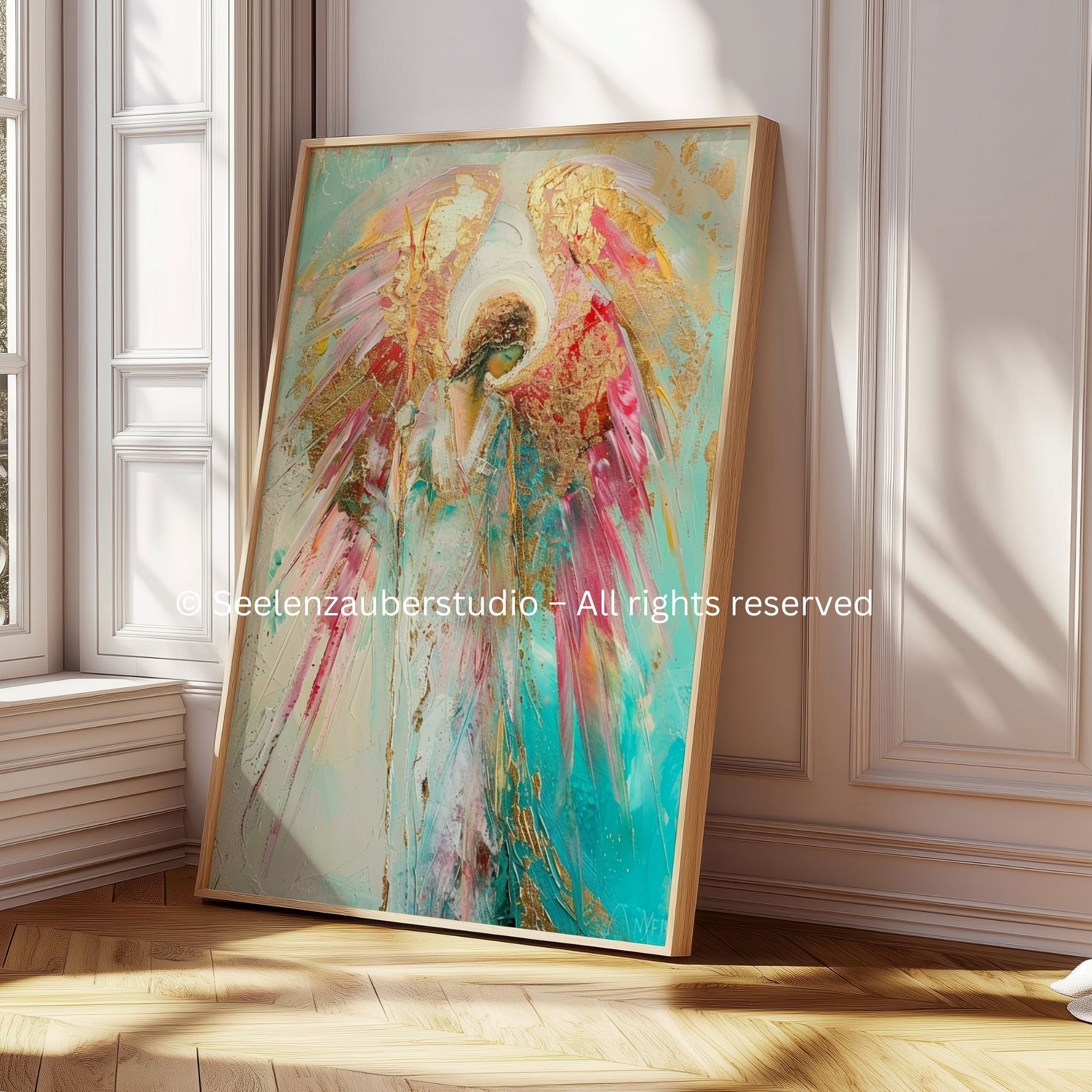 Engel Wandbild Abstrakt | Schutzengel Kunst | Spirituelles Poster | Moderne Engel Kunst | Heilende Energie Deko | Engel Bild Gold Pastell