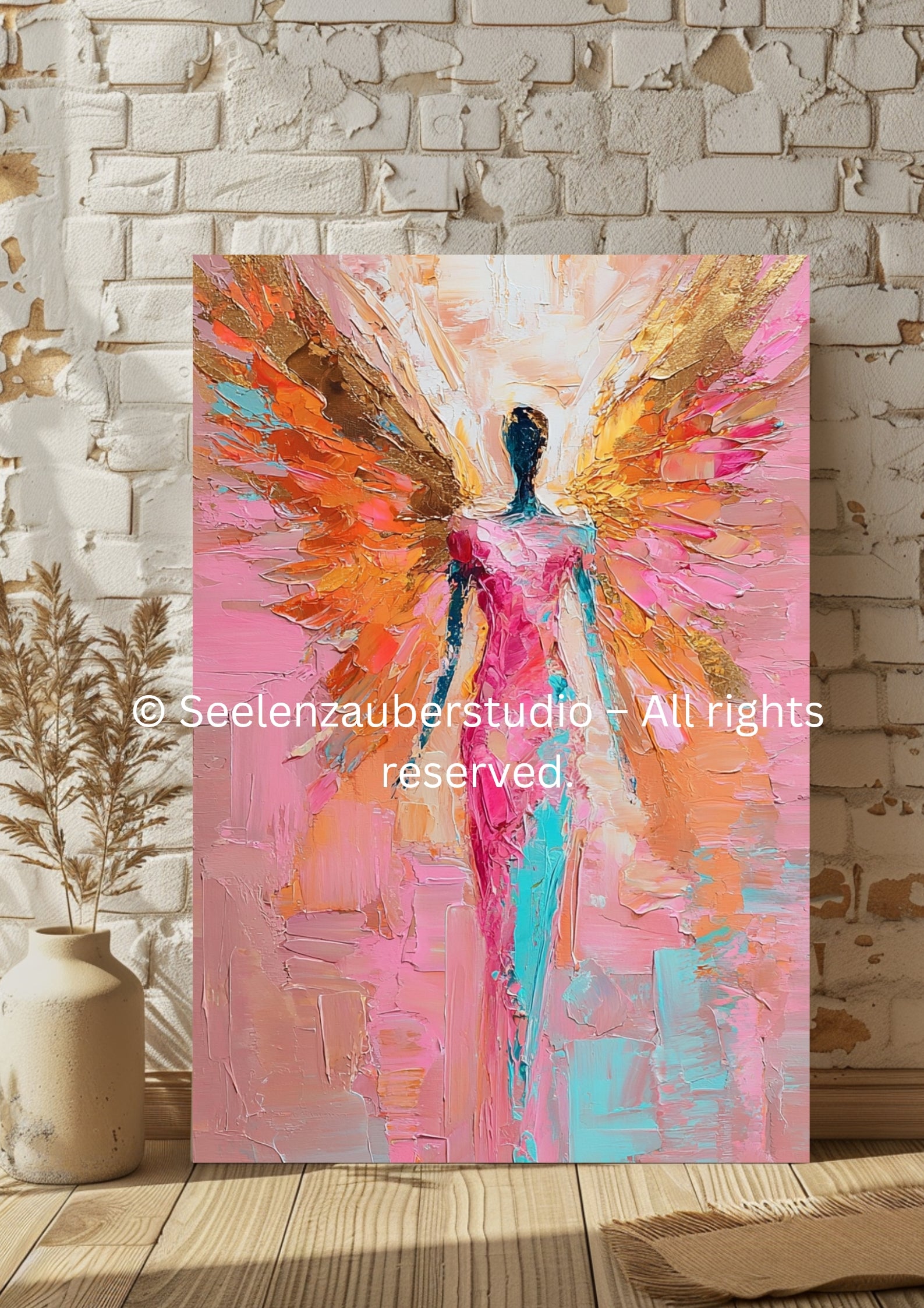 Abstraktes Engel Leinwandbild mit Rahmen – Spirituelle Wandkunst in Gold, Rosa & Ponk – Modernes Kunstwerk für Wohnzimmer
