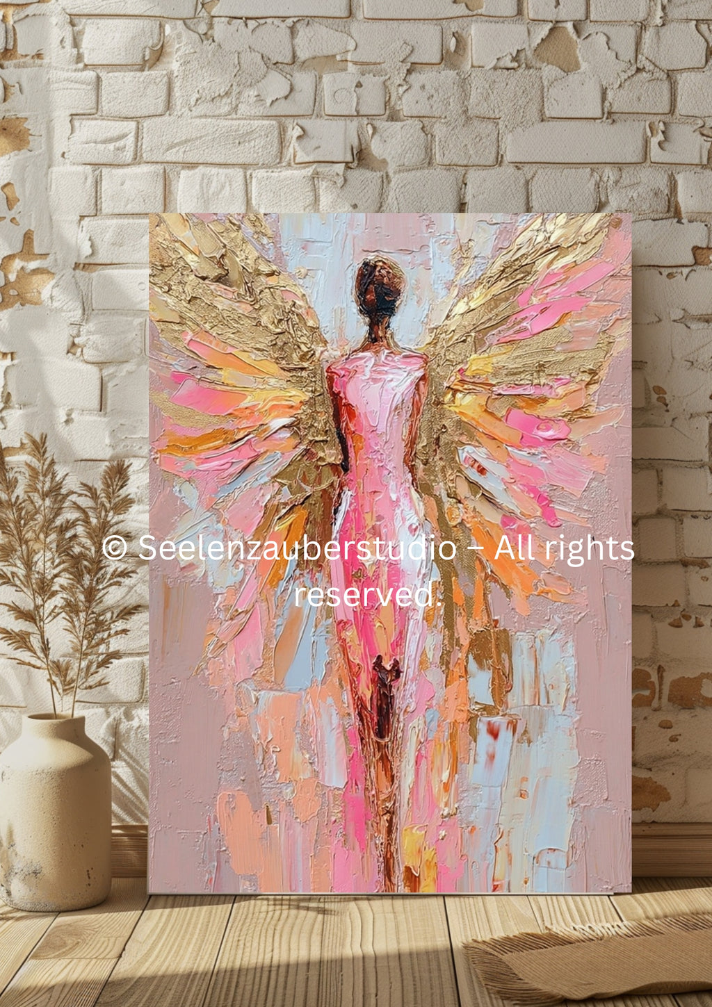 Poster Angel Wall Art Boho Gold – Premium Poster Modern Wall Art with Flowers and Angel Wings for Living Room Decor